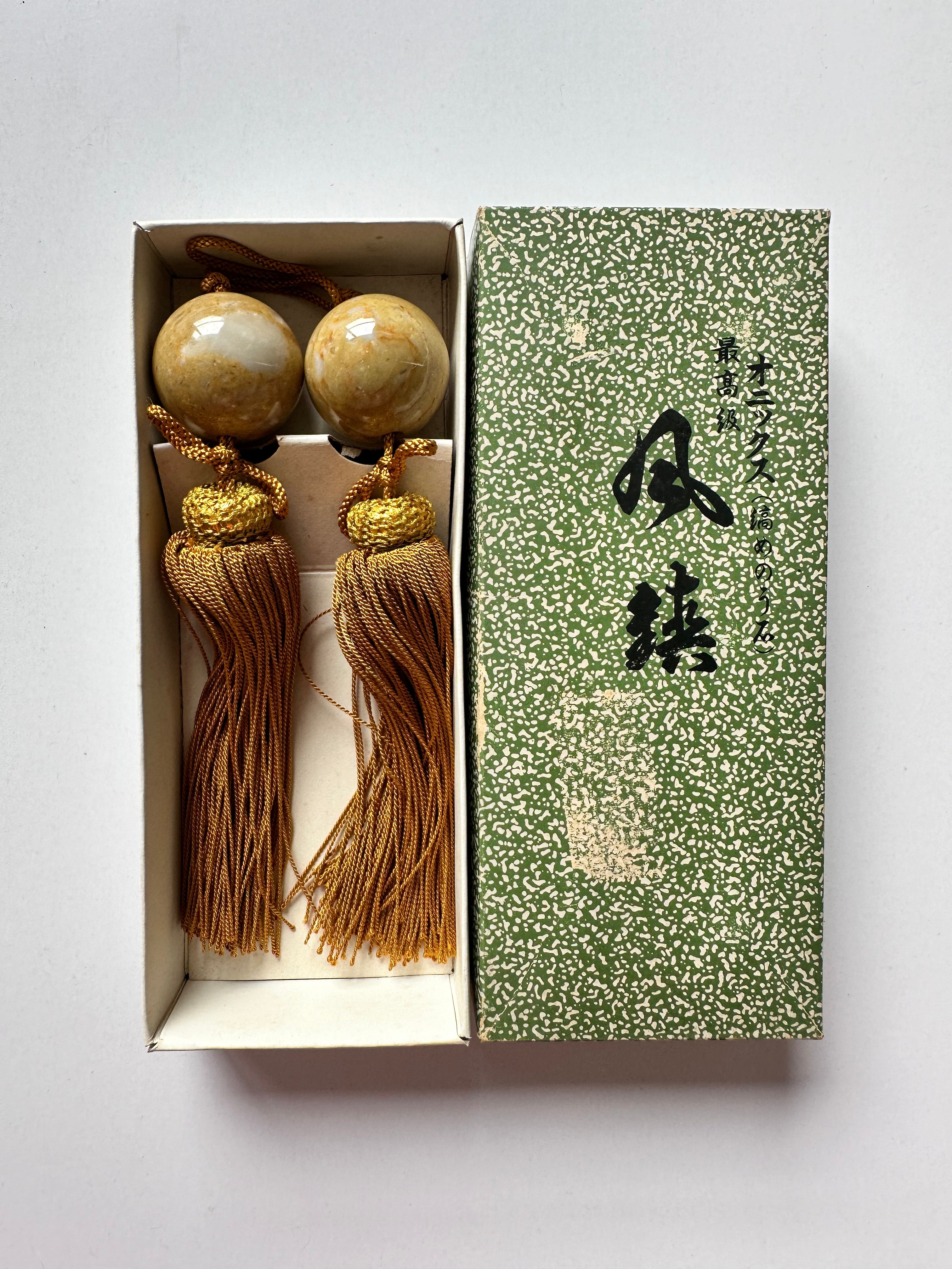 Japanese Stone Fūchin Pair – Honey Yellow Marble Kakemono Scroll Weights