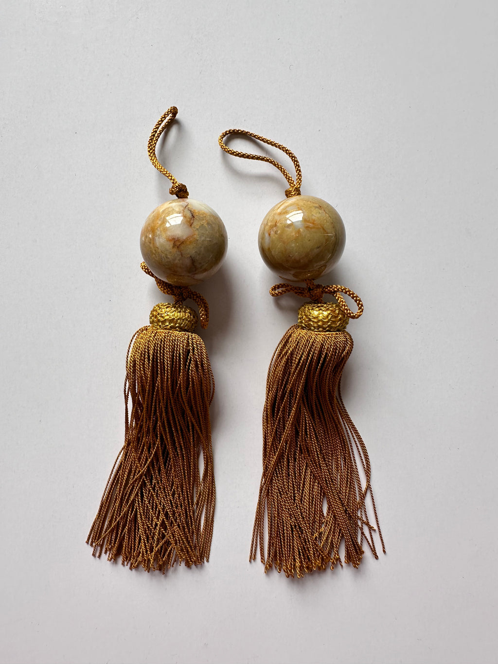 Japanese Stone Fūchin Pair – Honey Yellow Marble Kakemono Scroll Weights