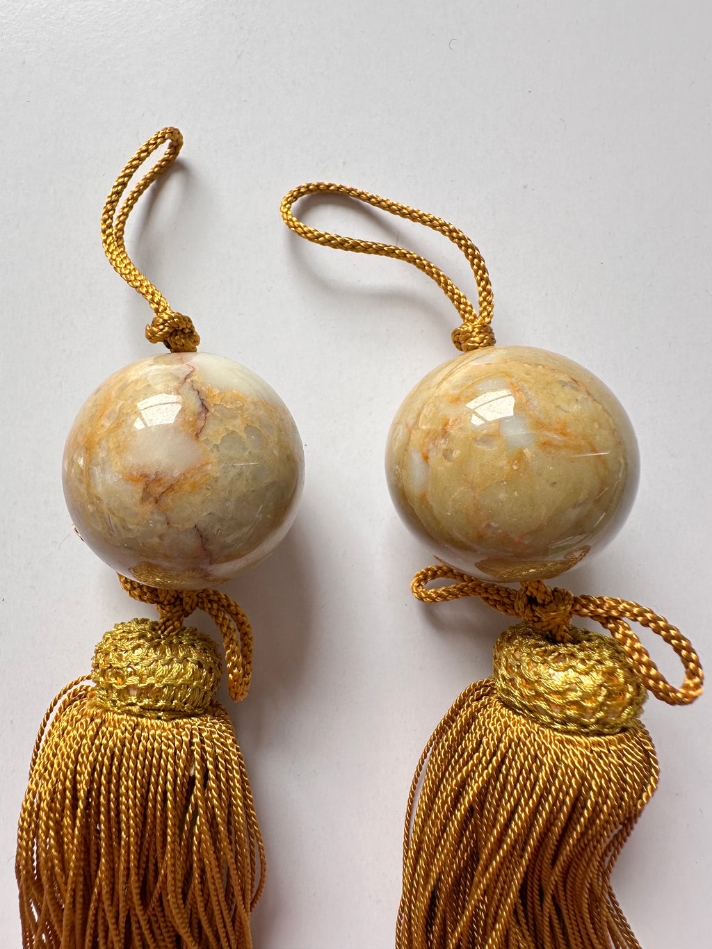 Japanese Stone Fūchin Pair – Honey Yellow Marble Kakemono Scroll Weights