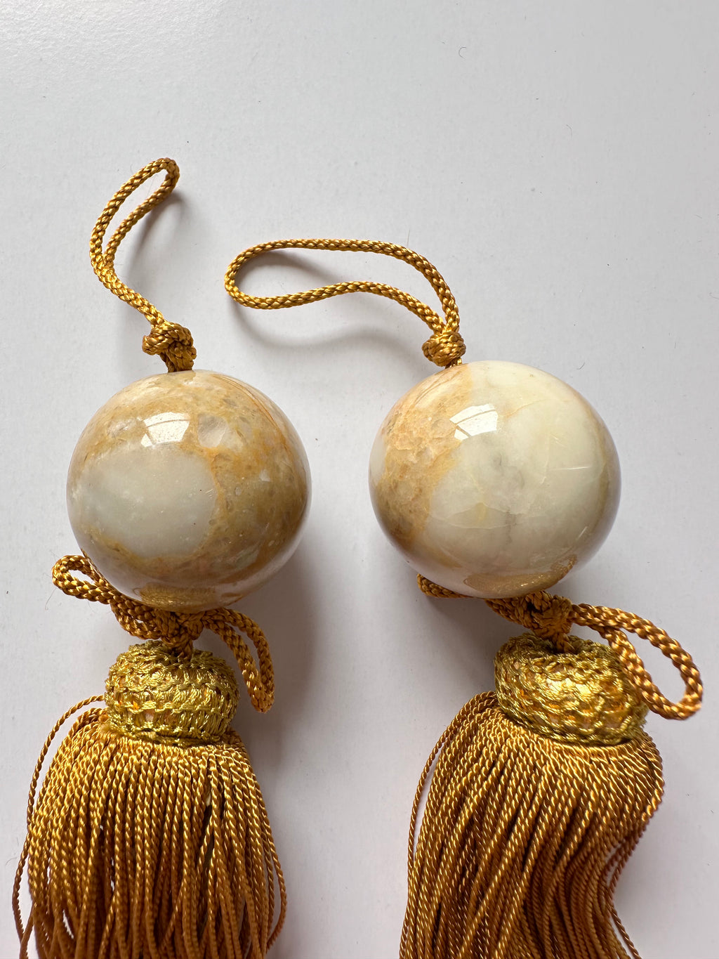 Japanese Stone Fūchin Pair – Honey Yellow Marble Kakemono Scroll Weights