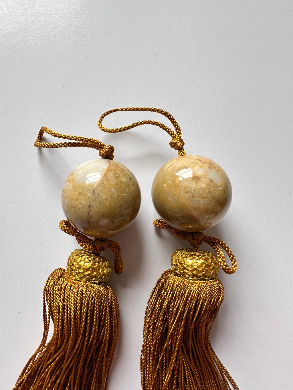 Japanese Stone Fūchin Pair – Honey Yellow Marble Kakemono Scroll Weights