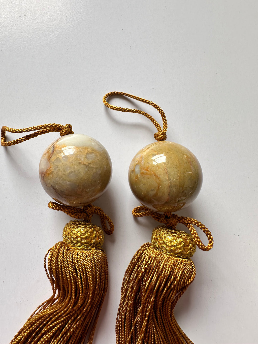 Japanese Stone Fūchin Pair – Honey Yellow Marble Kakemono Scroll Weights