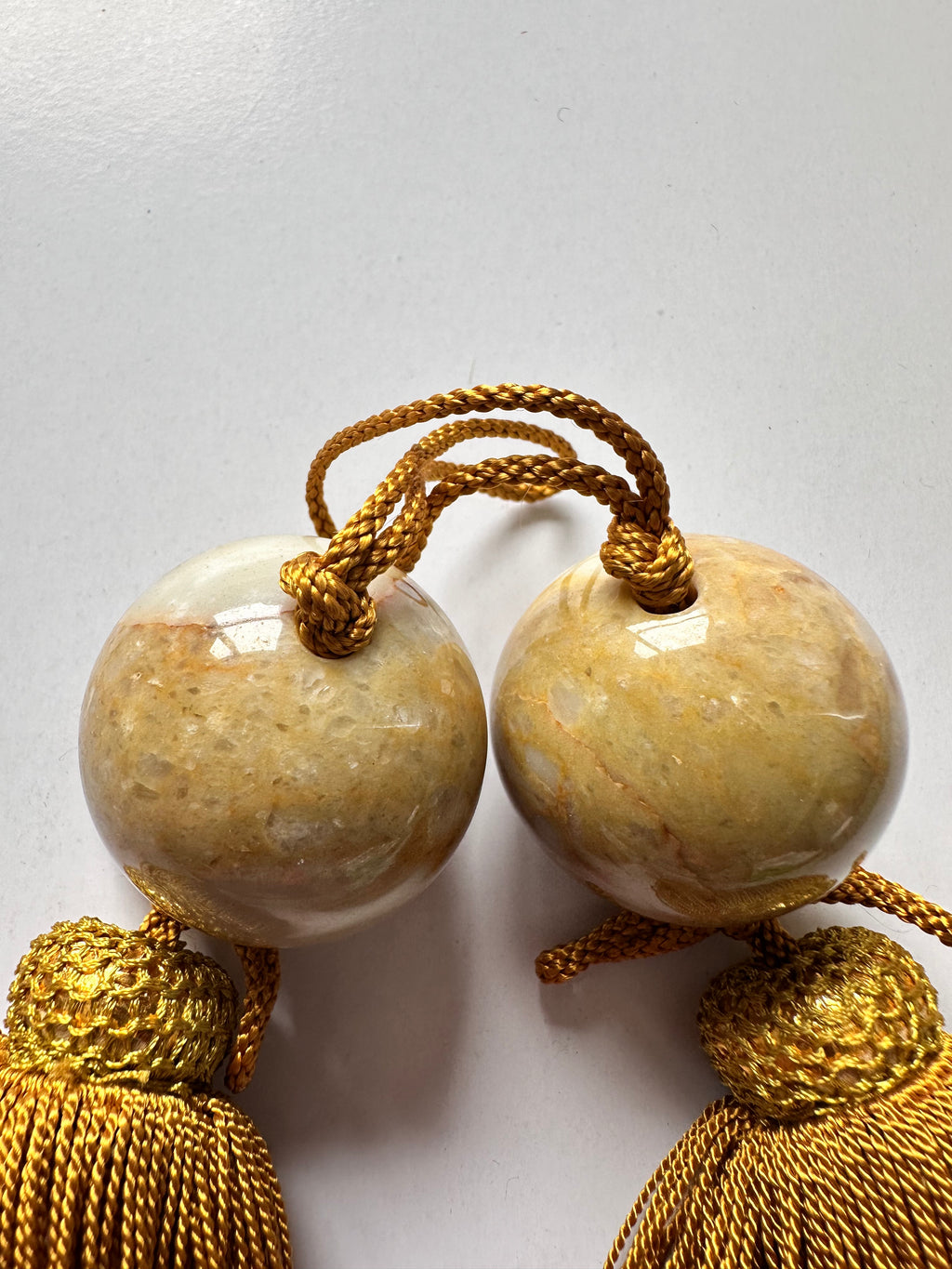 Japanese Stone Fūchin Pair – Honey Yellow Marble Kakemono Scroll Weights