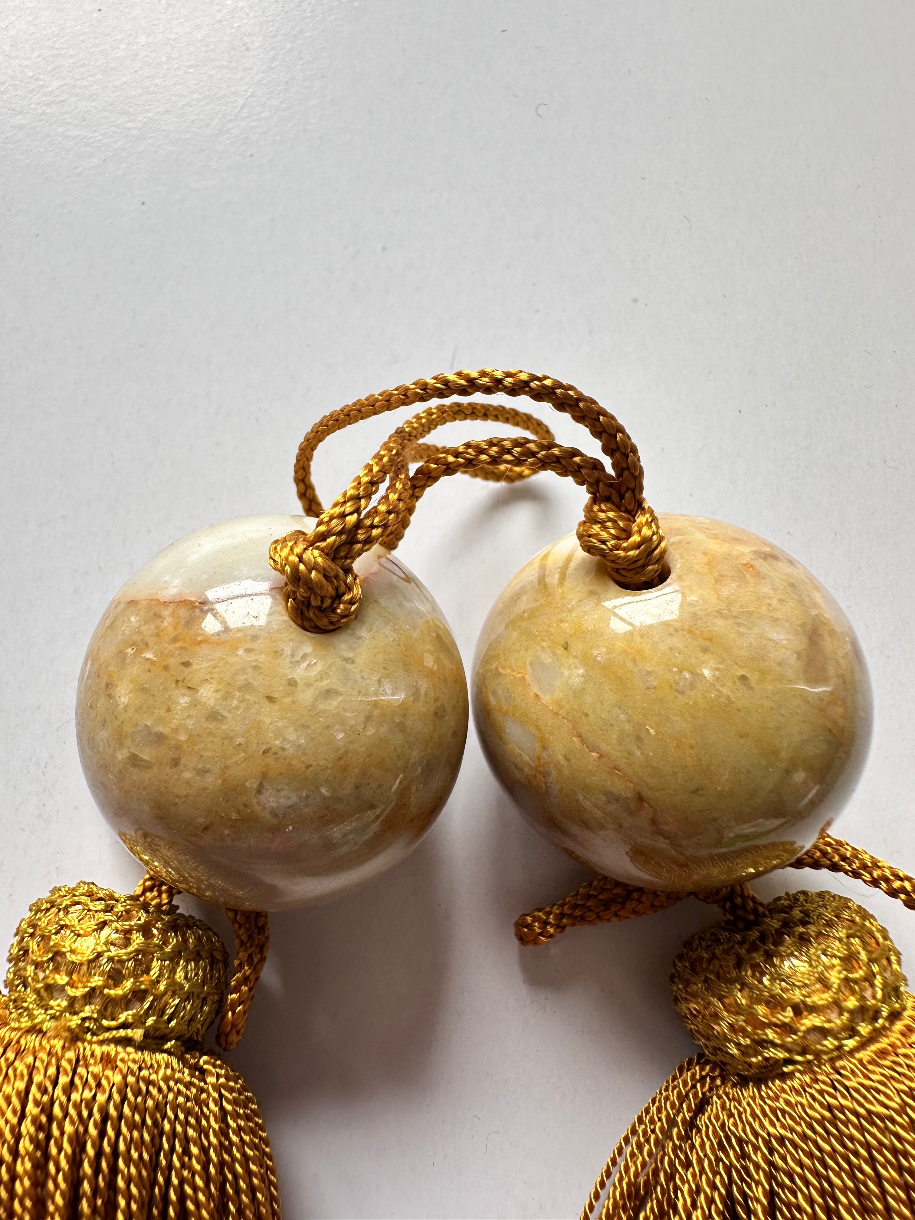 Japanese Stone Fūchin Pair – Honey Yellow Marble Kakemono Scroll Weights