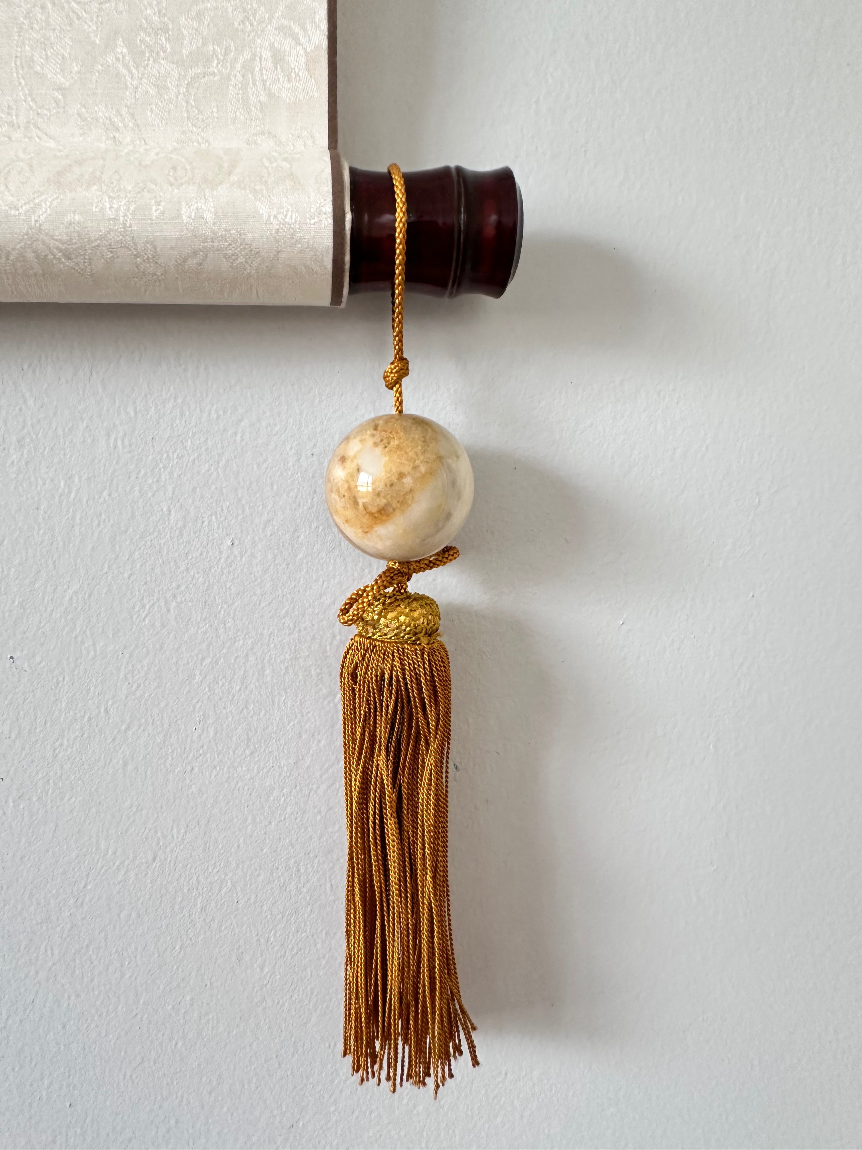 Japanese Stone Fūchin Pair – Honey Yellow Marble Kakemono Scroll Weights