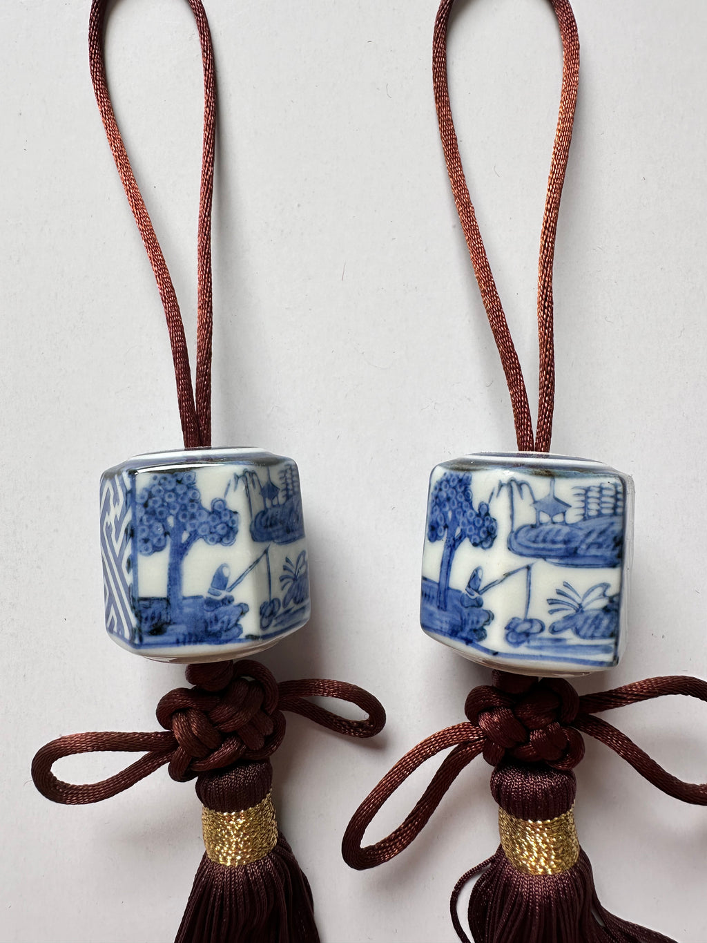 Japanese Porcelain Fūchin Pair – Blue & White Hexagon Kakemono Scroll Weights