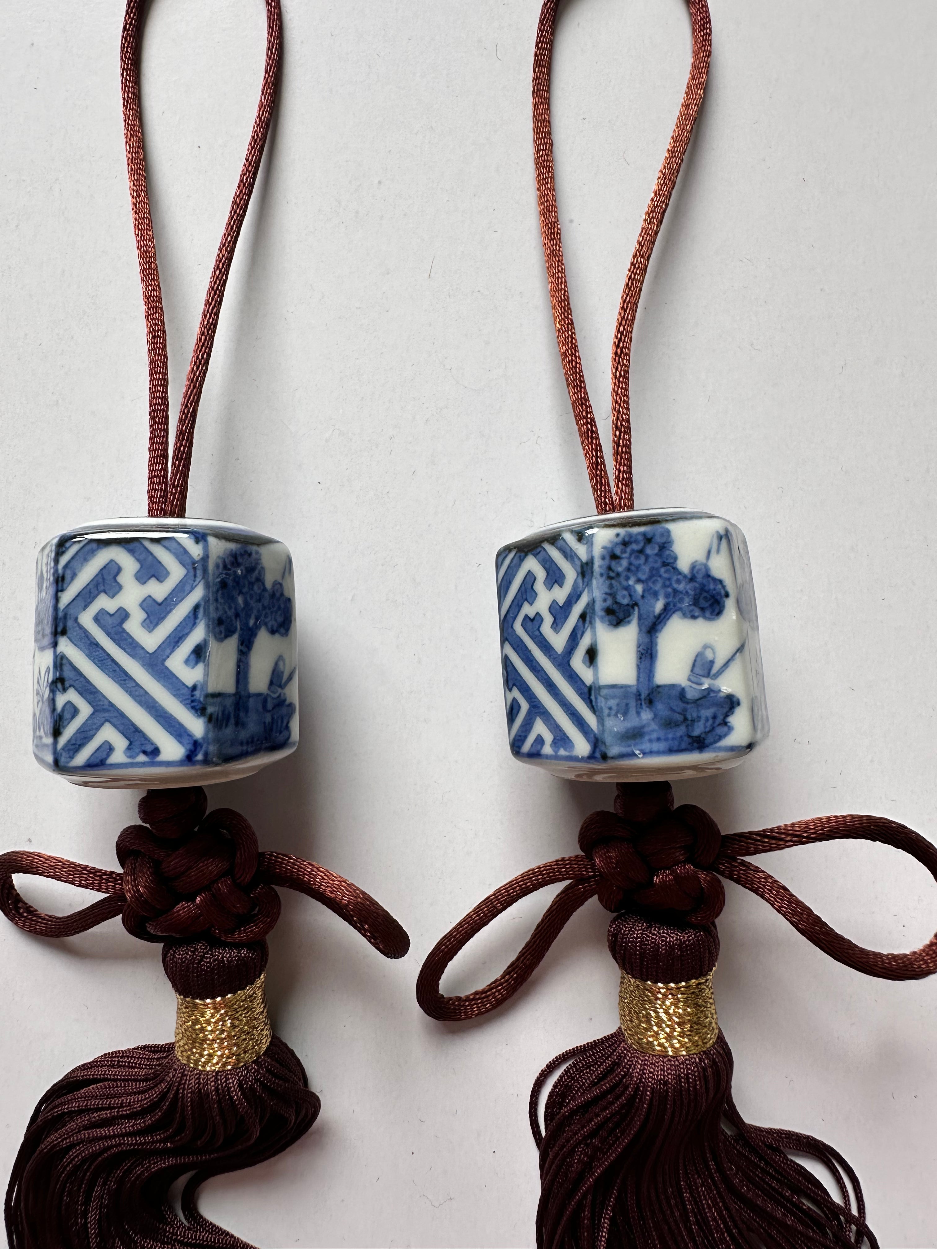 Japanese Porcelain Fūchin Pair – Blue & White Hexagon Kakemono Scroll Weights