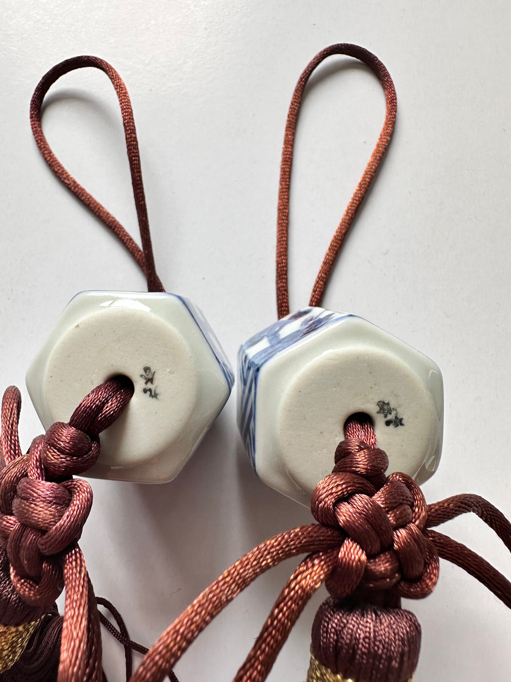 Japanese Porcelain Fūchin Pair – Blue & White Hexagon Kakemono Scroll Weights