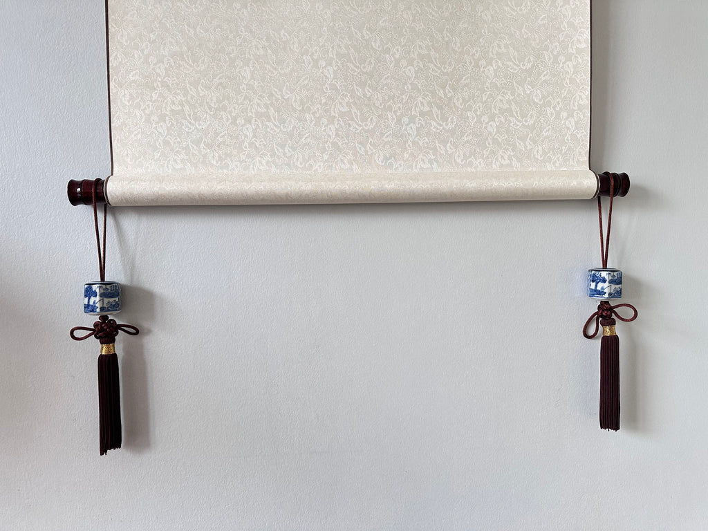 Japanese Porcelain Fūchin Pair – Blue & White Hexagon Kakemono Scroll Weights