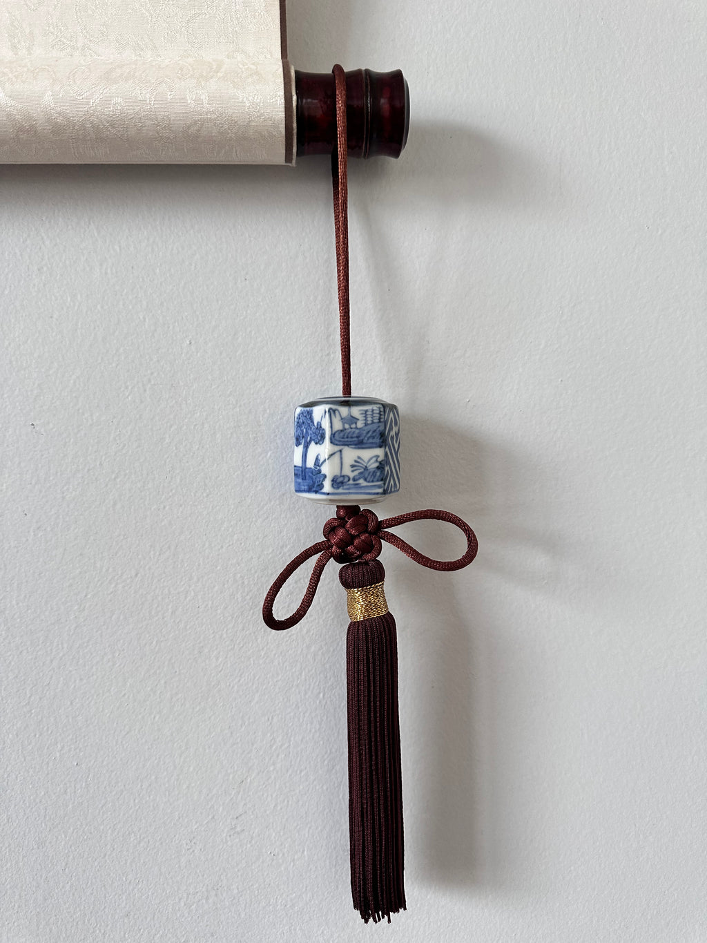 Japanese Porcelain Fūchin Pair – Blue & White Hexagon Kakemono Scroll Weights