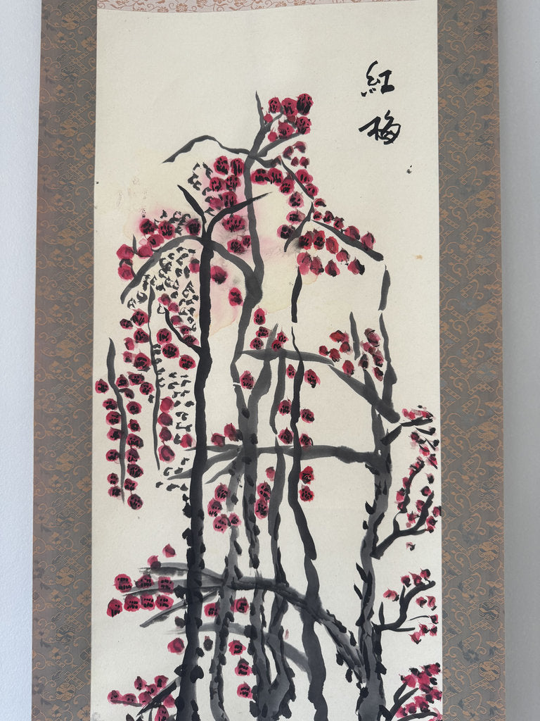 Vintage Japanese Kobai Red Plum Blossom Zenga Scroll Painting