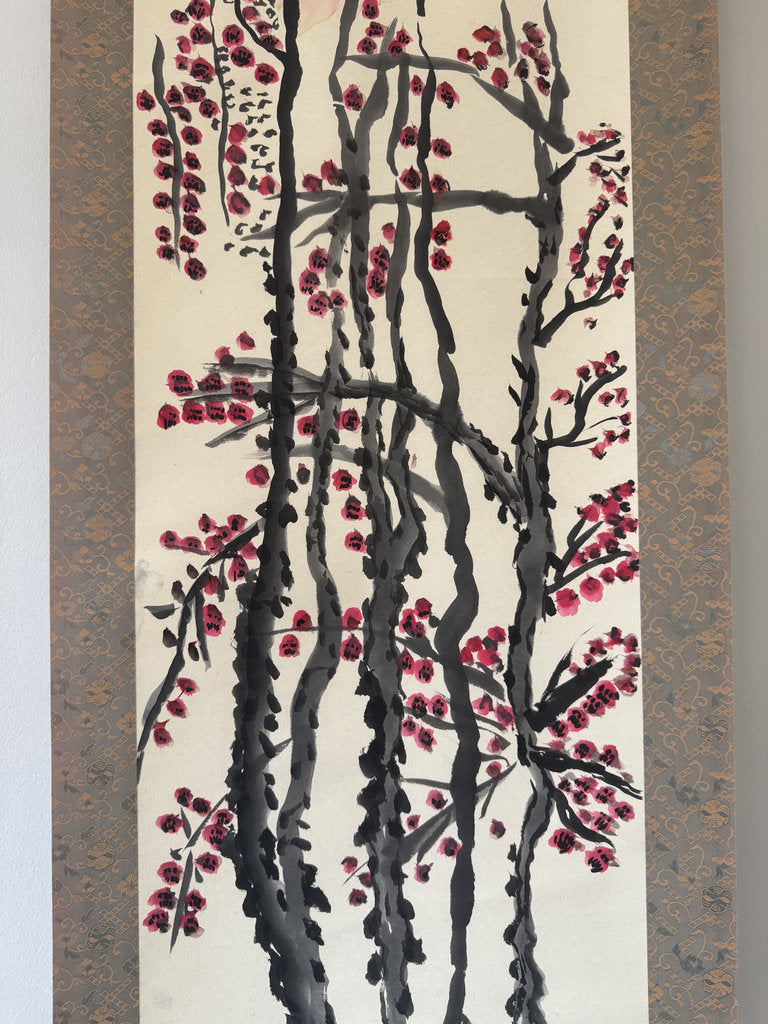 Vintage Japanese Kobai Red Plum Blossom Zenga Scroll Painting