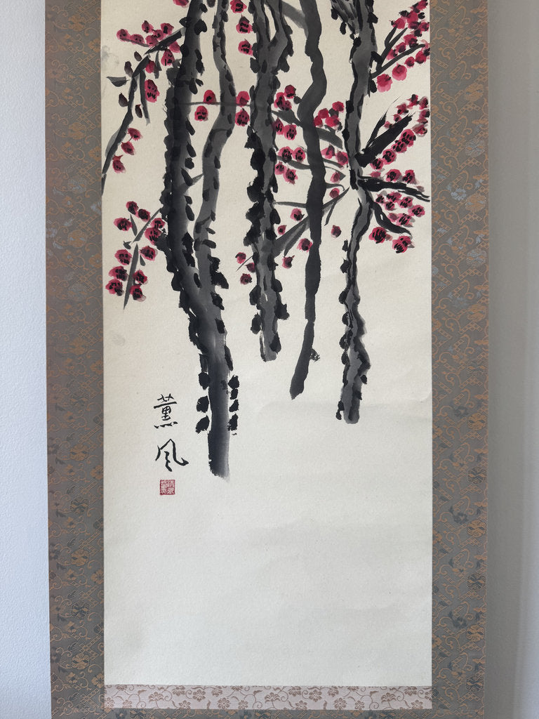 Vintage Japanese Kobai Red Plum Blossom Zenga Scroll Painting