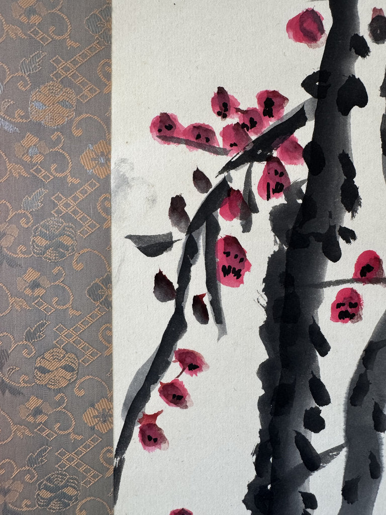 Vintage Japanese Kobai Red Plum Blossom Zenga Scroll Painting