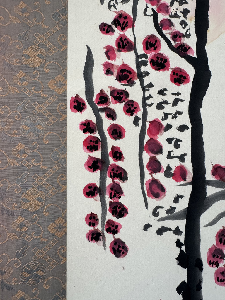 Vintage Japanese Kobai Red Plum Blossom Zenga Scroll Painting