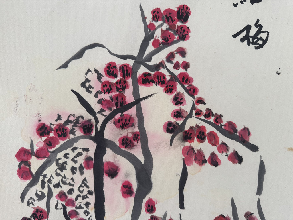 Vintage Japanese Kobai Red Plum Blossom Zenga Scroll Painting