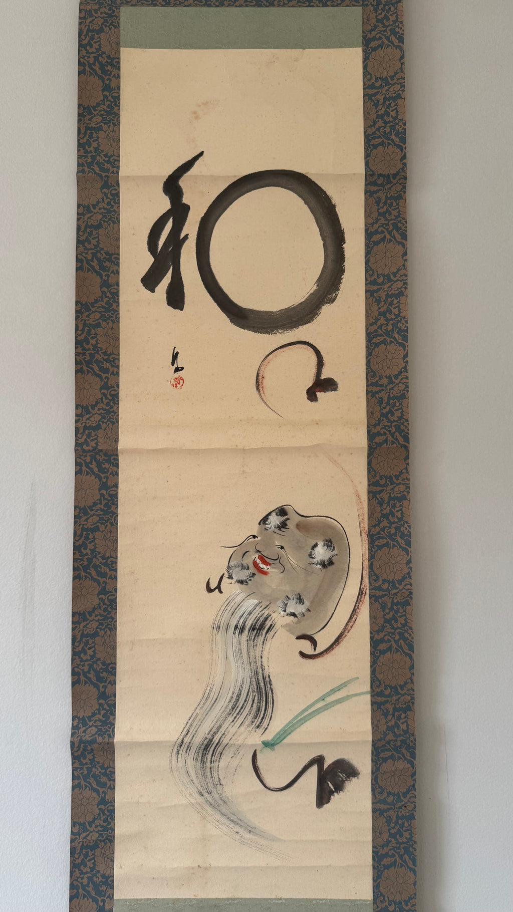 Japanese Zenga Kakejiku | Ensō & 和 "Harmony" | Fukurokuju Lucky God Sumi-e | Signed | Zen Circle Painting | Meiji–Showa | Dark Blue Brocade Mounting