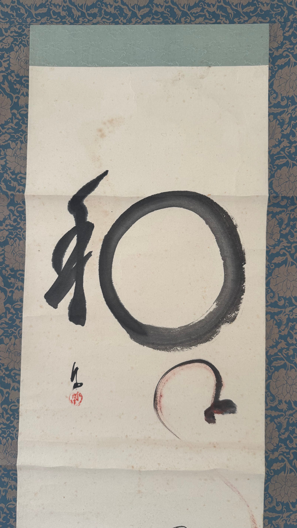 Japanese Zenga Kakejiku | Ensō & 和 "Harmony" | Fukurokuju Lucky God Sumi-e | Signed | Zen Circle Painting | Meiji–Showa | Dark Blue Brocade Mounting