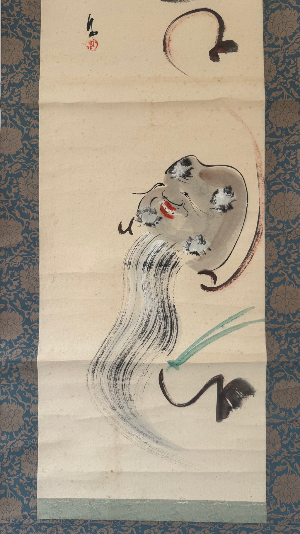 Japanese Zenga Kakejiku | Ensō & 和 "Harmony" | Fukurokuju Lucky God Sumi-e | Signed | Zen Circle Painting | Meiji–Showa | Dark Blue Brocade Mounting