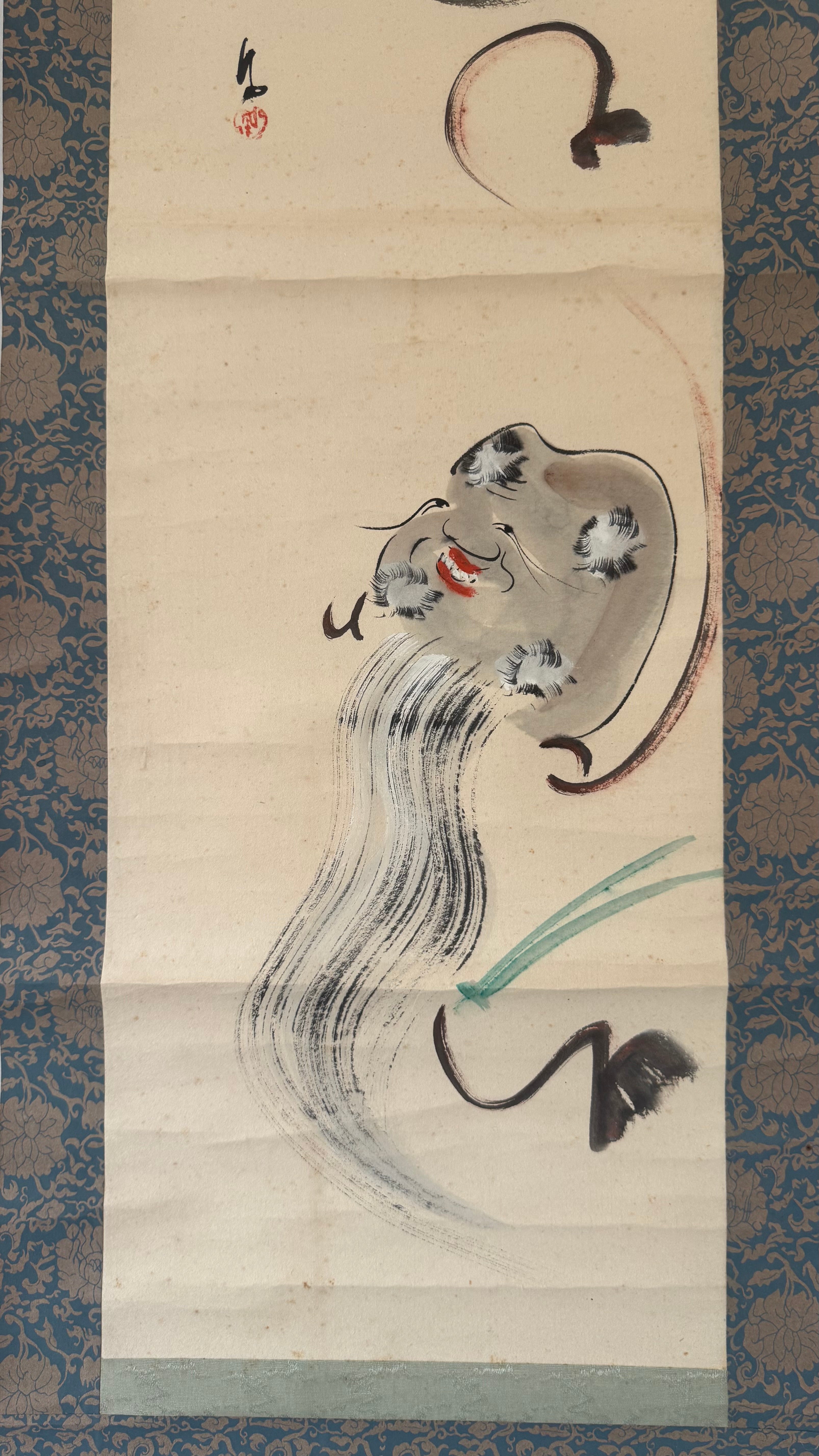 Japanese Zenga Kakejiku | Ensō & 和 "Harmony" | Fukurokuju Lucky God Sumi-e | Signed | Zen Circle Painting | Meiji–Showa | Dark Blue Brocade Mounting