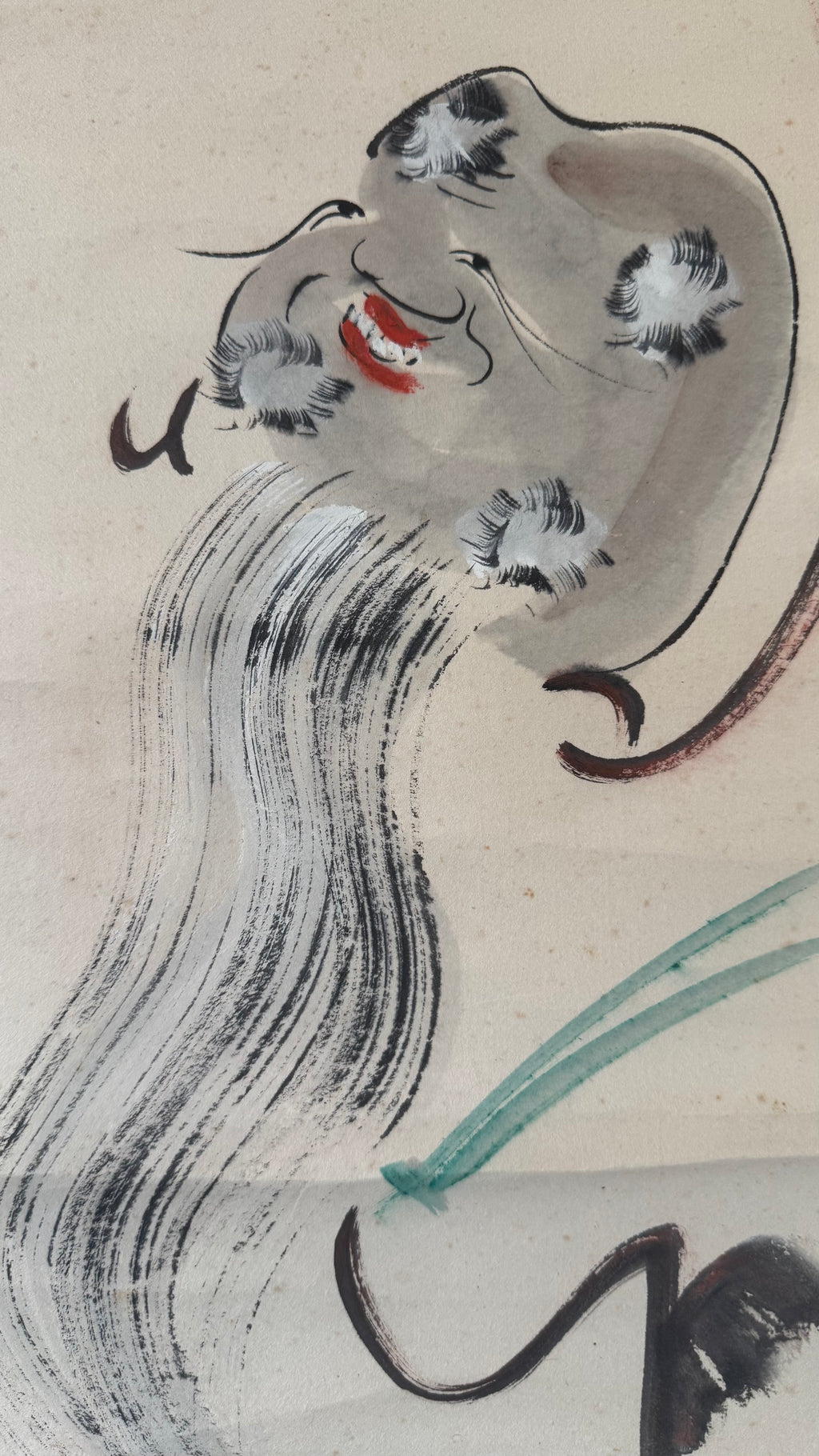 Japanese Zenga Kakejiku | Ensō & 和 "Harmony" | Fukurokuju Lucky God Sumi-e | Signed | Zen Circle Painting | Meiji–Showa | Dark Blue Brocade Mounting