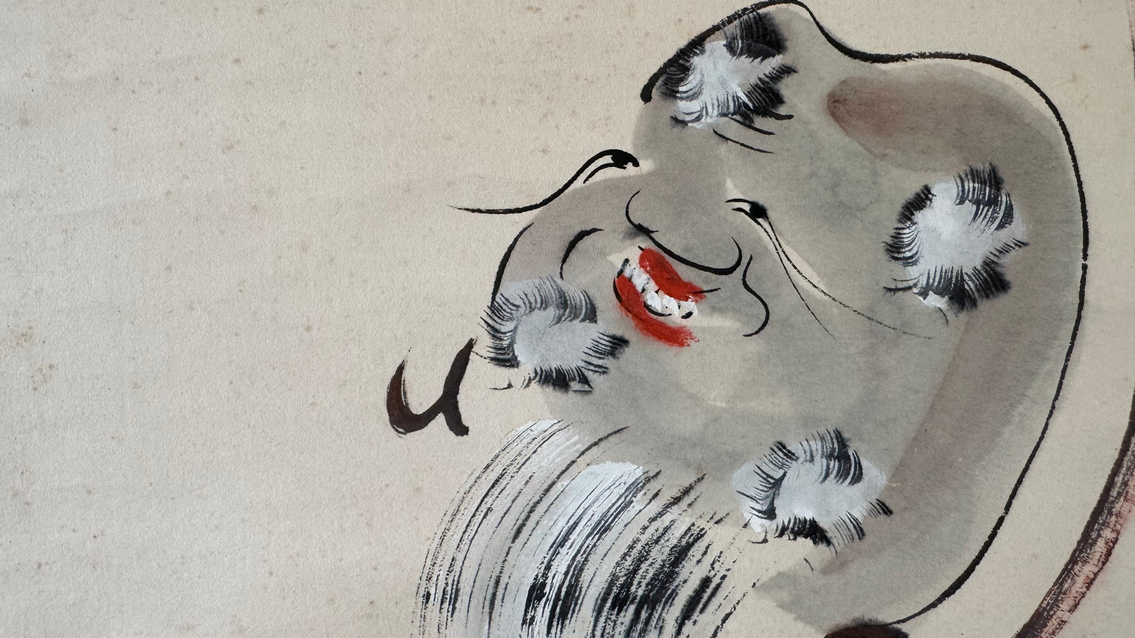 Japanese Zenga Kakejiku | Ensō & 和 "Harmony" | Fukurokuju Lucky God Sumi-e | Signed | Zen Circle Painting | Meiji–Showa | Dark Blue Brocade Mounting