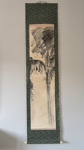 Vertical traditional artwork on a textured black frame against a plain wall