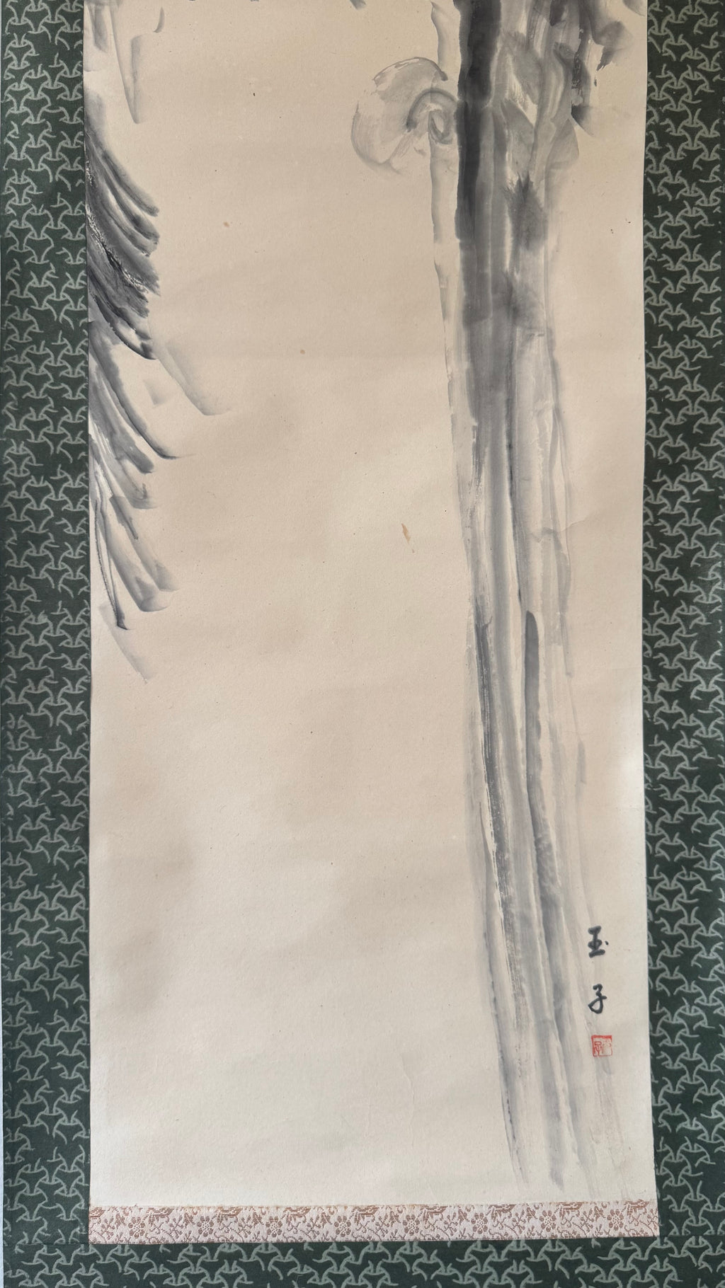 Japanese Sumi-e Kakejiku | 芭蕉図 Banana Plant & Rock | Hatsuboku Ink Wash | Signed Gyokushi | Bashō-Tradition | Meiji–Taisho | Dark Teal Brocade