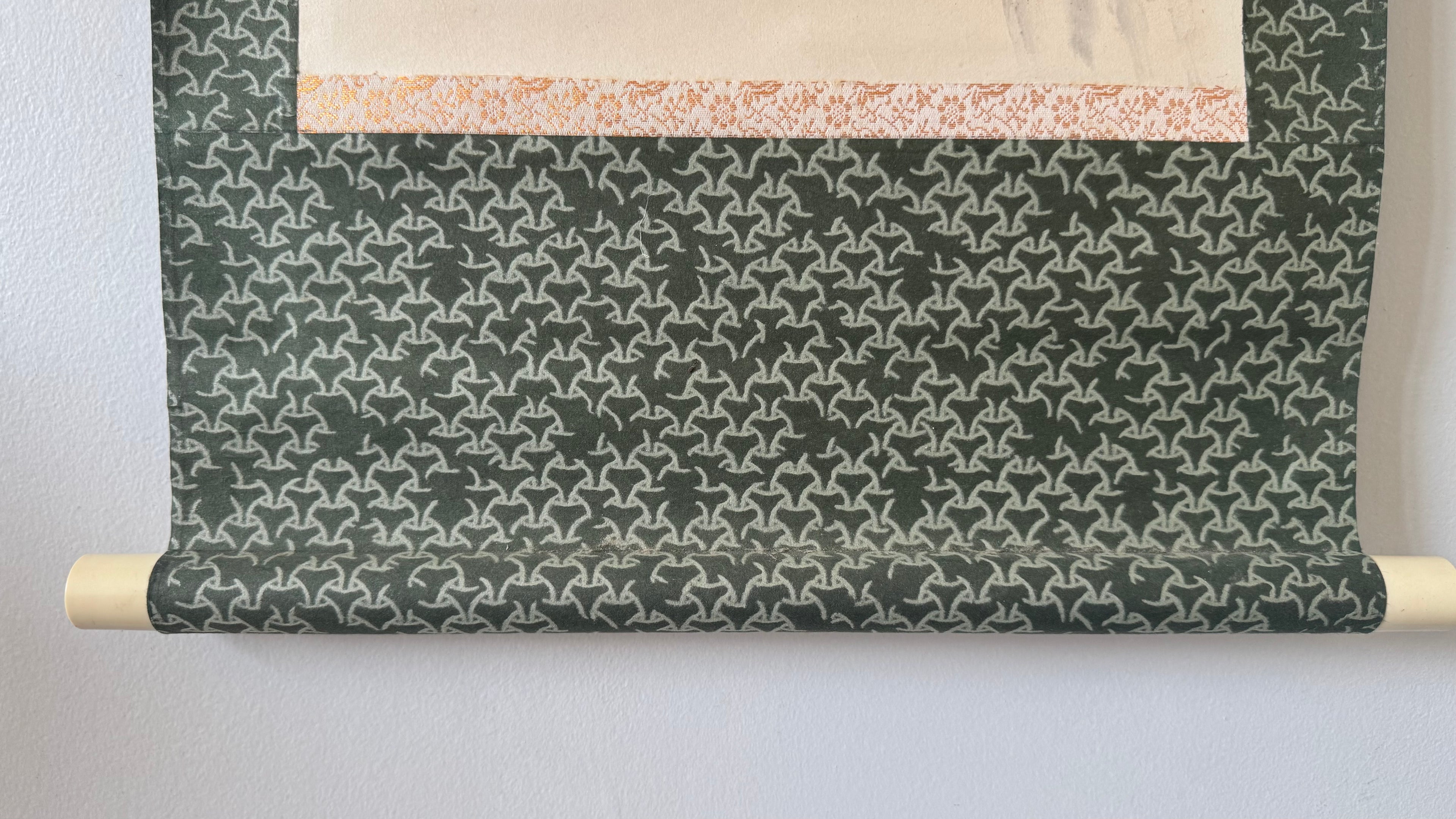 Japanese Sumi-e Kakejiku | 芭蕉図 Banana Plant & Rock | Hatsuboku Ink Wash | Signed Gyokushi | Bashō-Tradition | Meiji–Taisho | Dark Teal Brocade