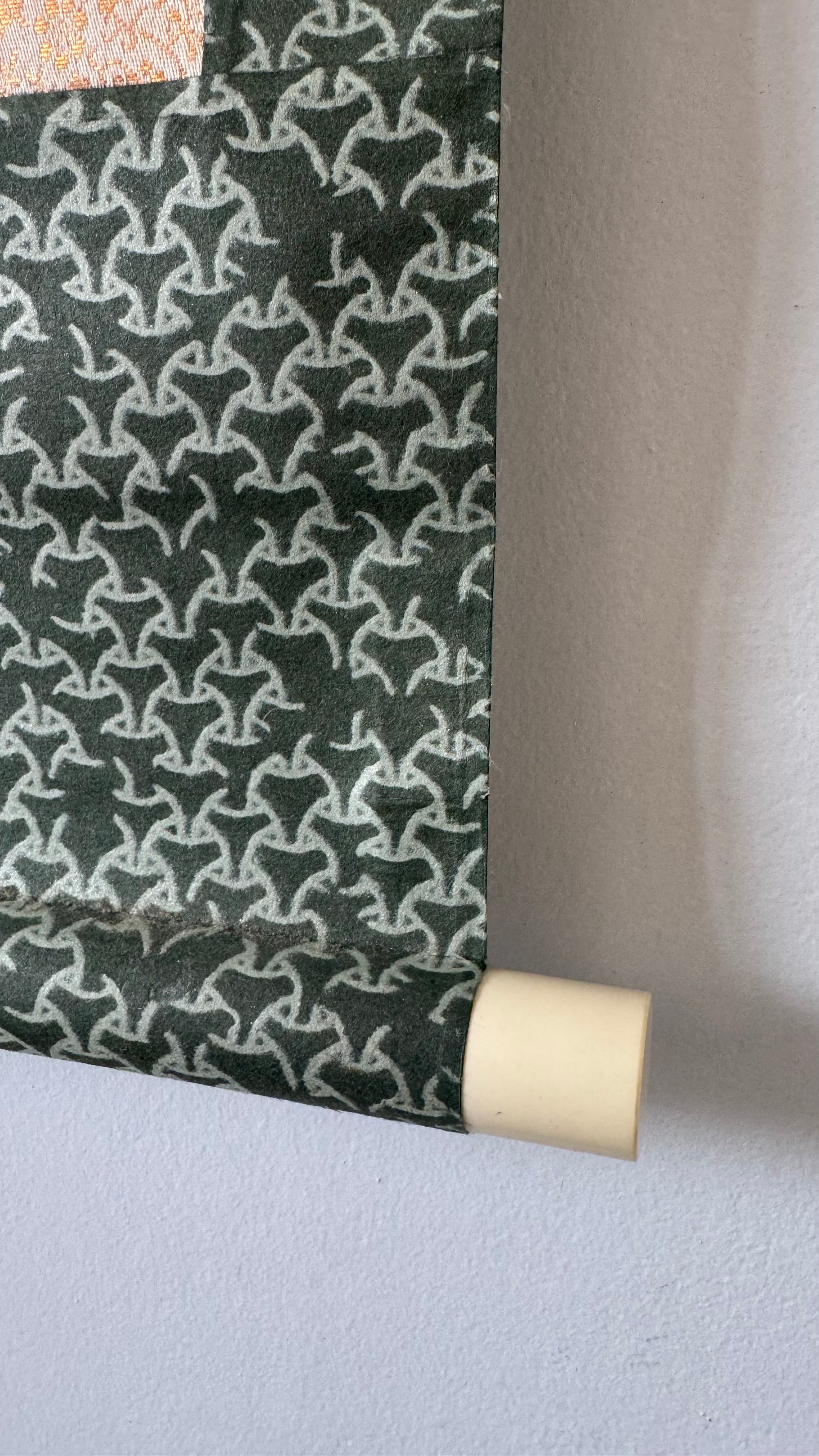 Japanese Sumi-e Kakejiku | 芭蕉図 Banana Plant & Rock | Hatsuboku Ink Wash | Signed Gyokushi | Bashō-Tradition | Meiji–Taisho | Dark Teal Brocade