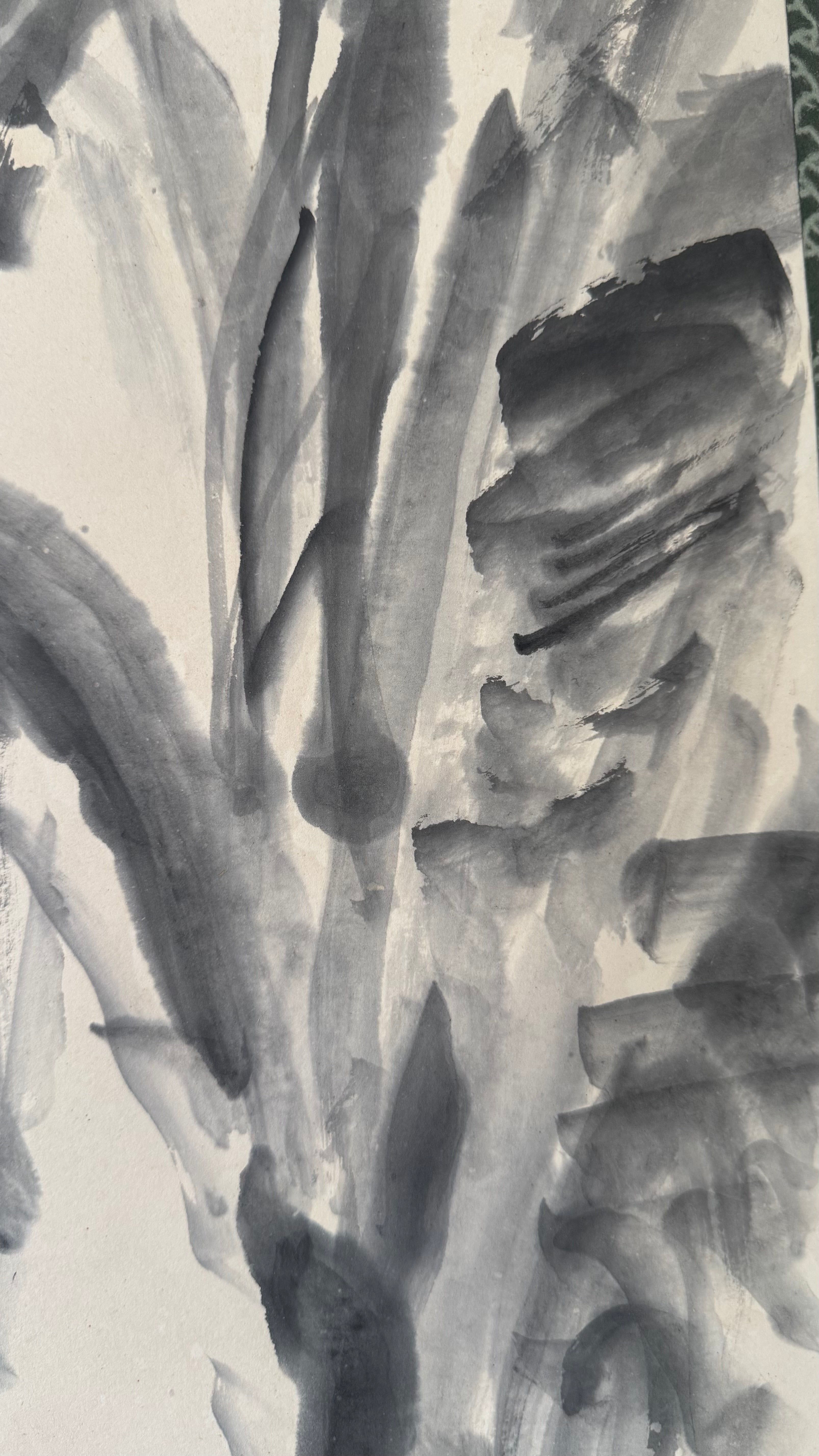 Japanese Sumi-e Kakejiku | 芭蕉図 Banana Plant & Rock | Hatsuboku Ink Wash | Signed Gyokushi | Bashō-Tradition | Meiji–Taisho | Dark Teal Brocade