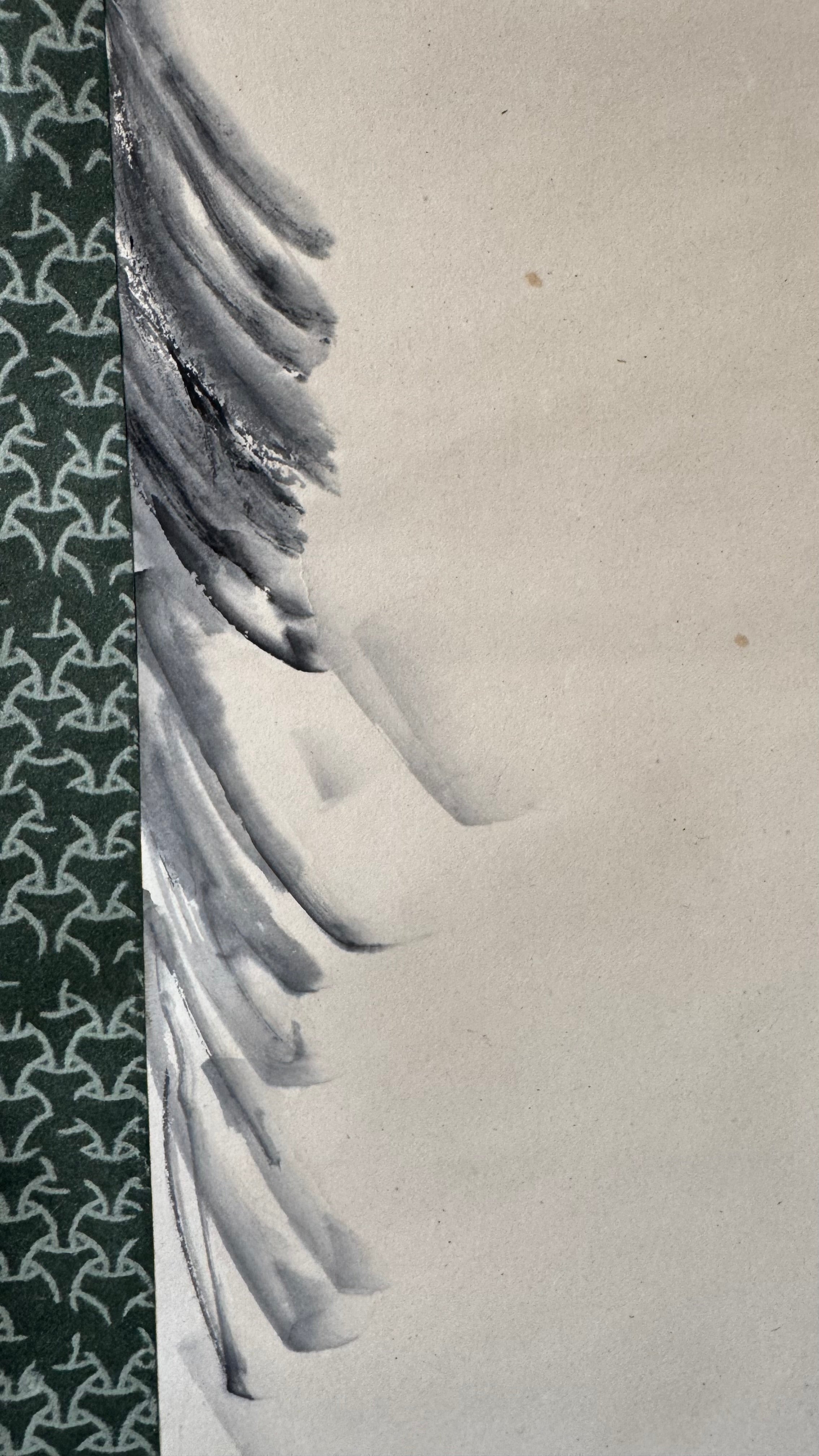 Japanese Sumi-e Kakejiku | 芭蕉図 Banana Plant & Rock | Hatsuboku Ink Wash | Signed Gyokushi | Bashō-Tradition | Meiji–Taisho | Dark Teal Brocade