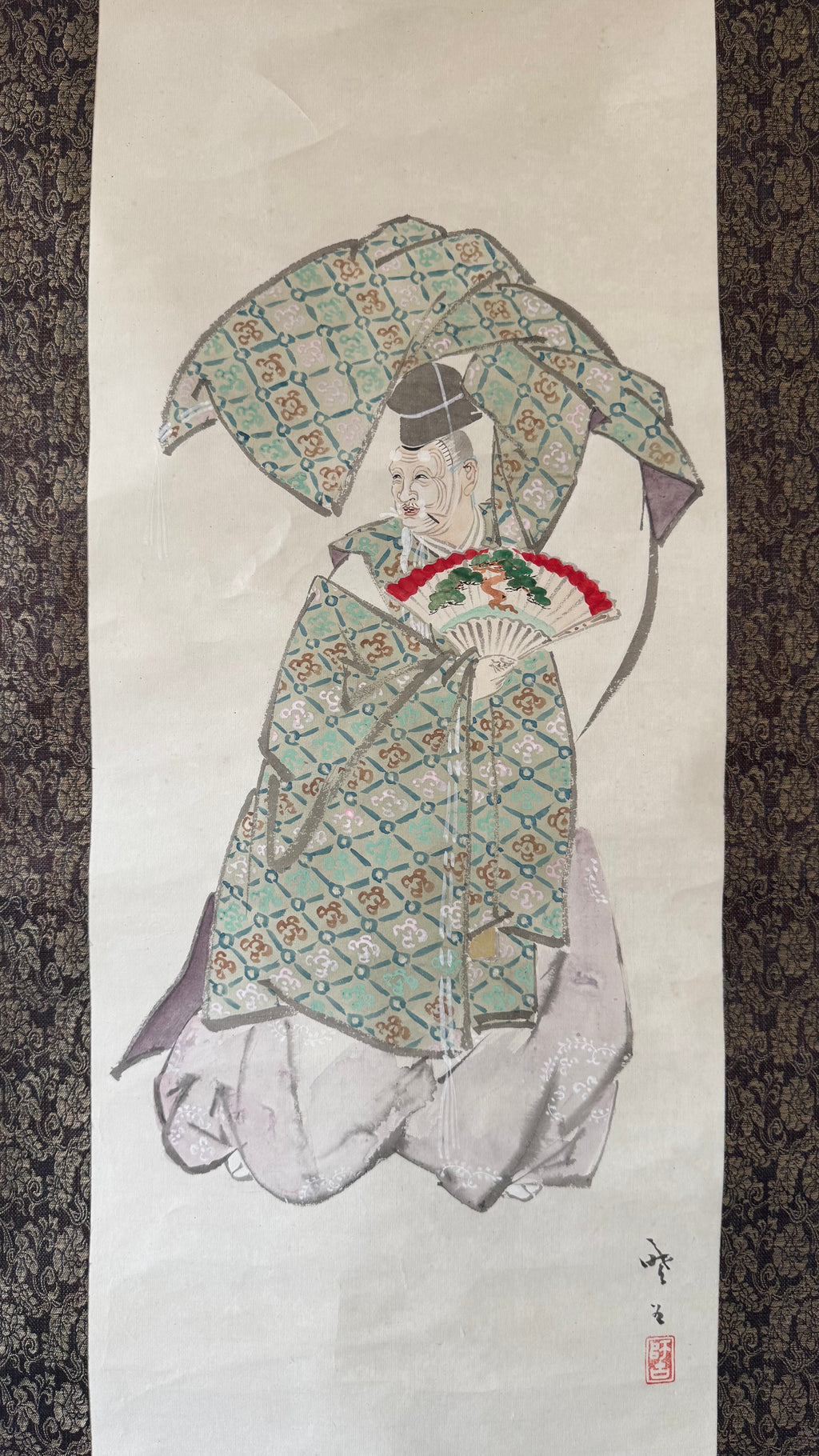 Japanese Nihonga Kakejiku | Okina 翁 Noh Dancer | Mineral Pigment Polychrome | "Sacred Beyond Noh" | Signed | Meiji–Taisho | Dark Brocade Mounting