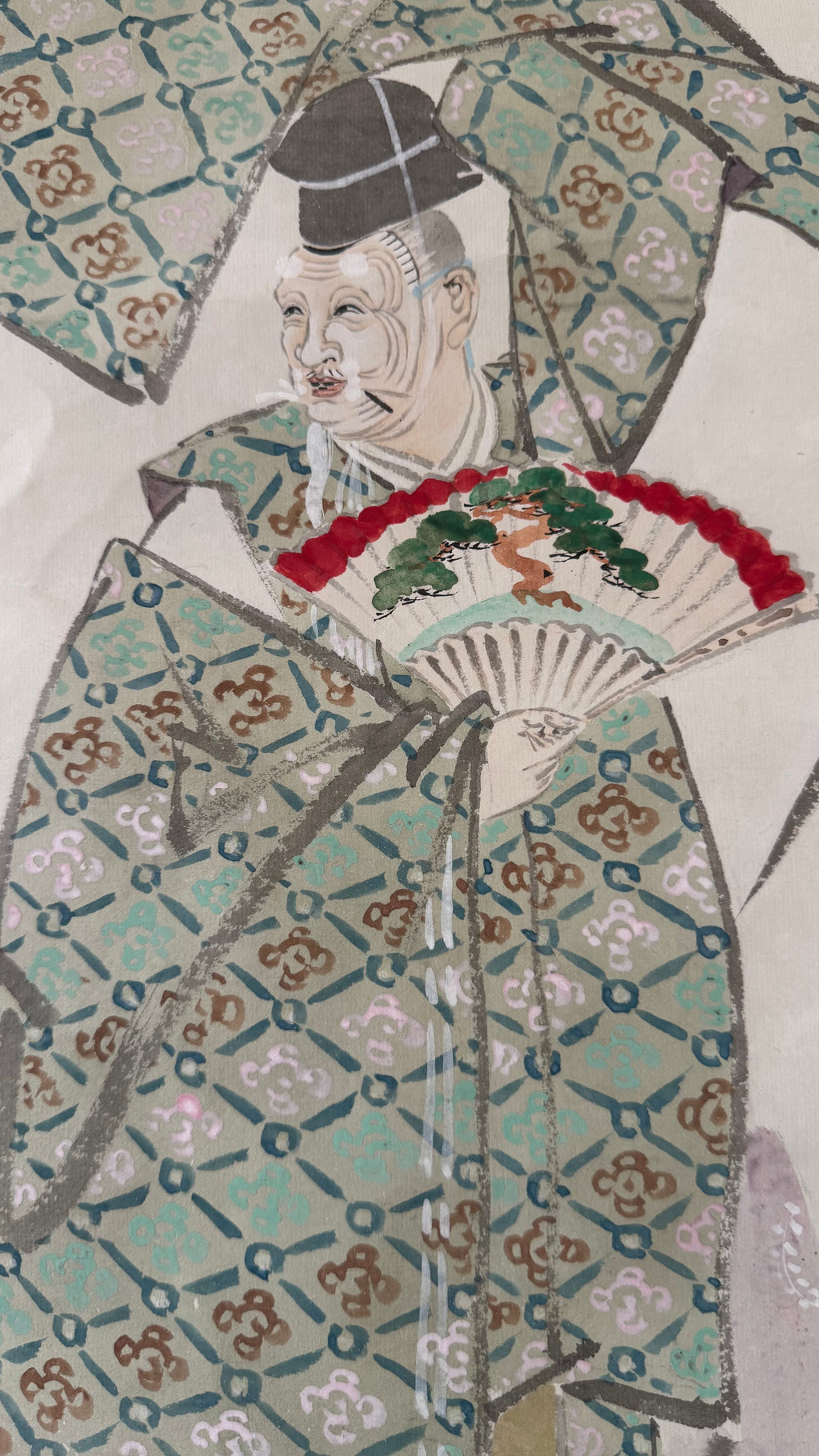 Japanese Nihonga Kakejiku | Okina 翁 Noh Dancer | Mineral Pigment Polychrome | "Sacred Beyond Noh" | Signed | Meiji–Taisho | Dark Brocade Mounting