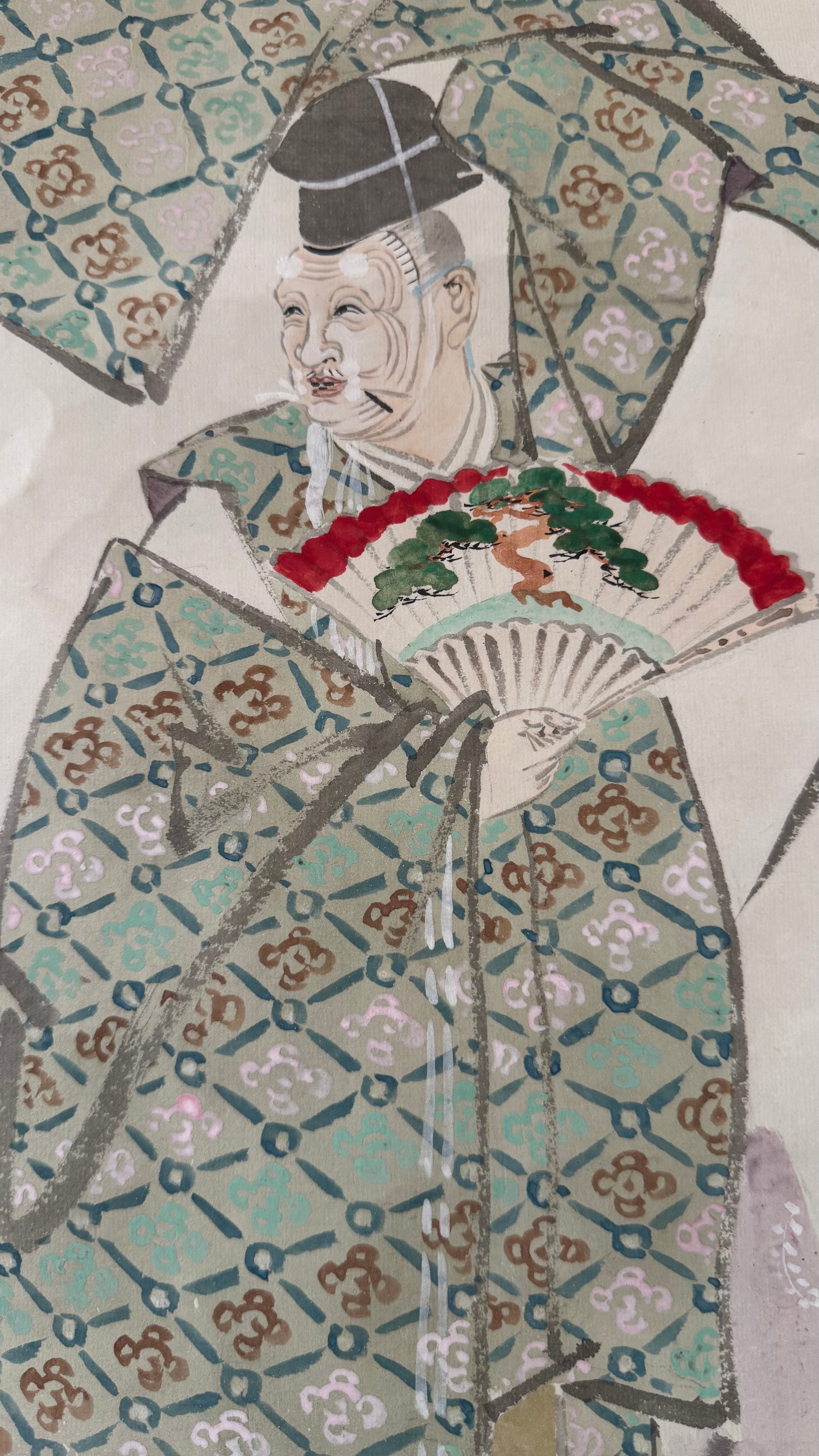 Japanese Nihonga Kakejiku | Okina 翁 Noh Dancer | Mineral Pigment Polychrome | "Sacred Beyond Noh" | Signed | Meiji–Taisho | Dark Brocade Mounting