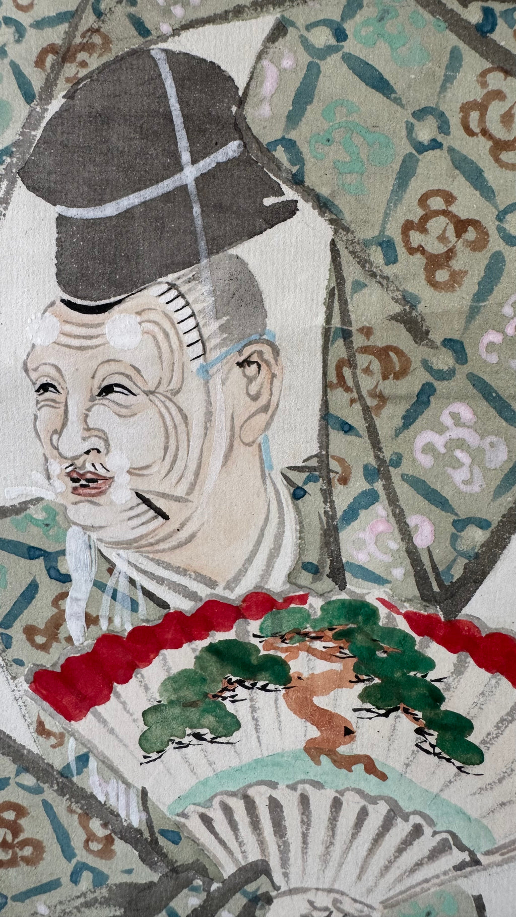 Japanese Nihonga Kakejiku | Okina 翁 Noh Dancer | Mineral Pigment Polychrome | "Sacred Beyond Noh" | Signed | Meiji–Taisho | Dark Brocade Mounting