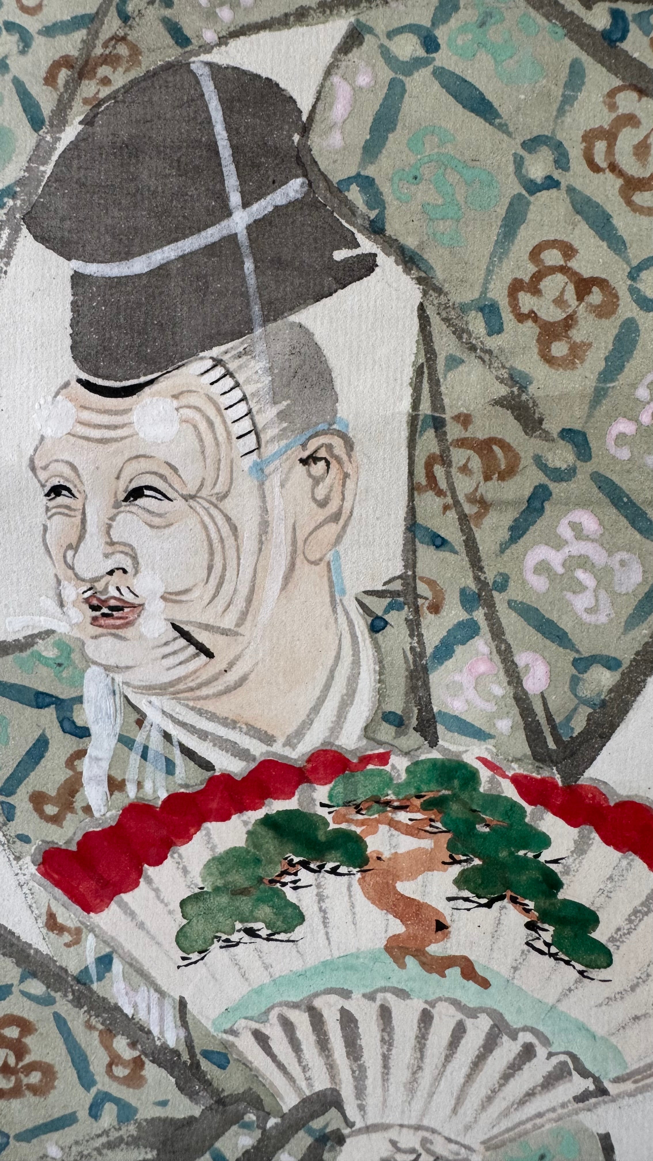 Japanese Nihonga Kakejiku | Okina 翁 Noh Dancer | Mineral Pigment Polychrome | "Sacred Beyond Noh" | Signed | Meiji–Taisho | Dark Brocade Mounting