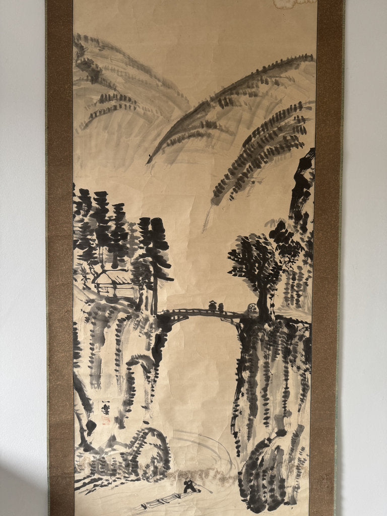 Japanese Sumi-e Ink Landscape Kakemono — Mountain Bridge & River Scene, Antique Sansuiga Scroll