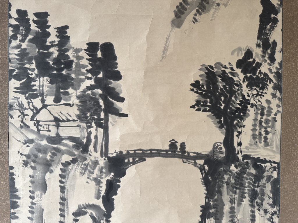 Japanese Sumi-e Ink Landscape Kakemono — Mountain Bridge & River Scene, Antique Sansuiga Scroll