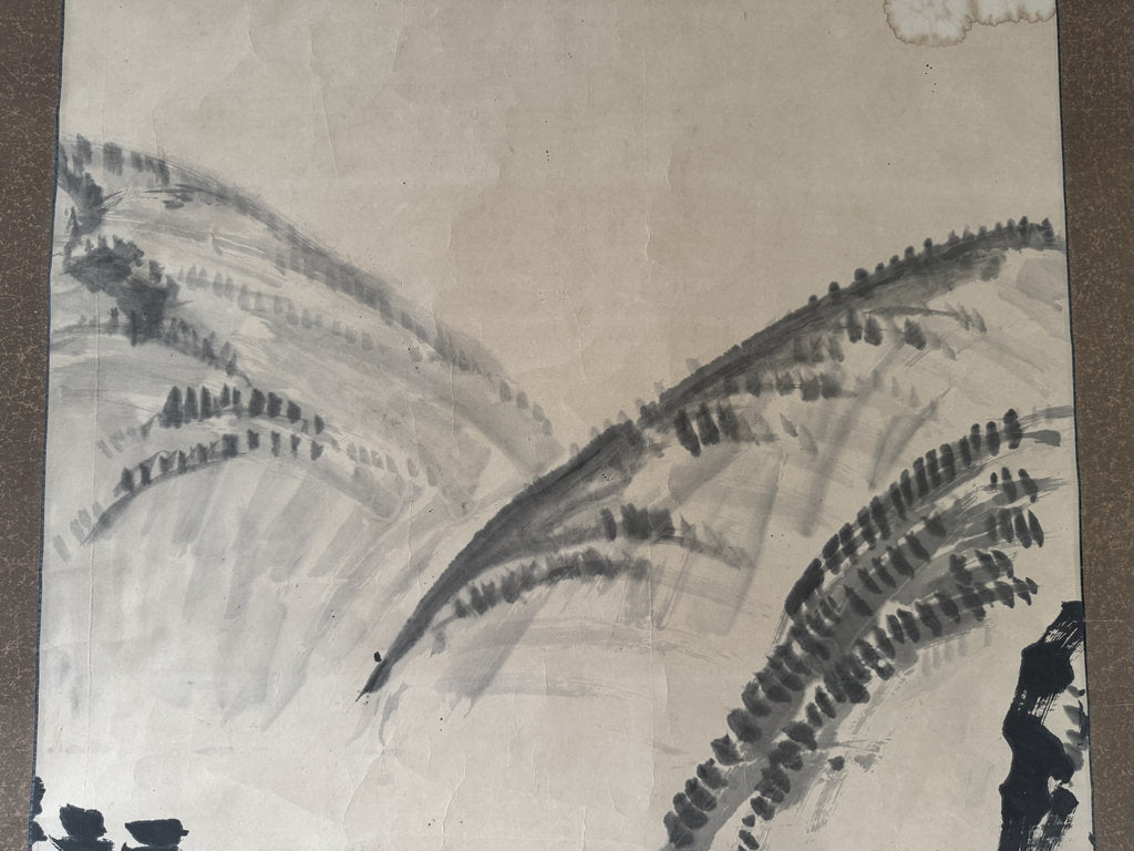 Japanese Sumi-e Ink Landscape Kakemono — Mountain Bridge & River Scene, Antique Sansuiga Scroll