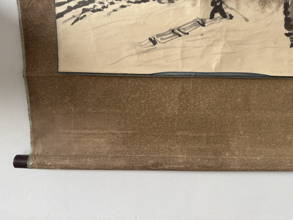 Japanese Sumi-e Ink Landscape Kakemono — Mountain Bridge & River Scene, Antique Sansuiga Scroll