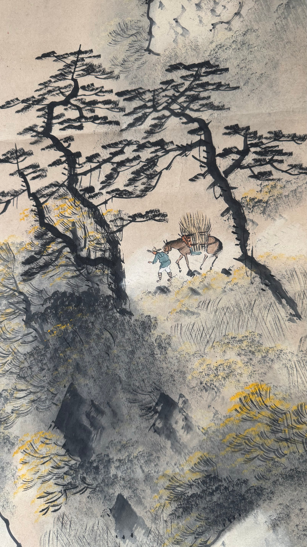 Vintage Japanese Kakemono Sumi-e Landscape Scroll with Figure & Horse – Hand Painted Ink on Paper, Porcelain Roller