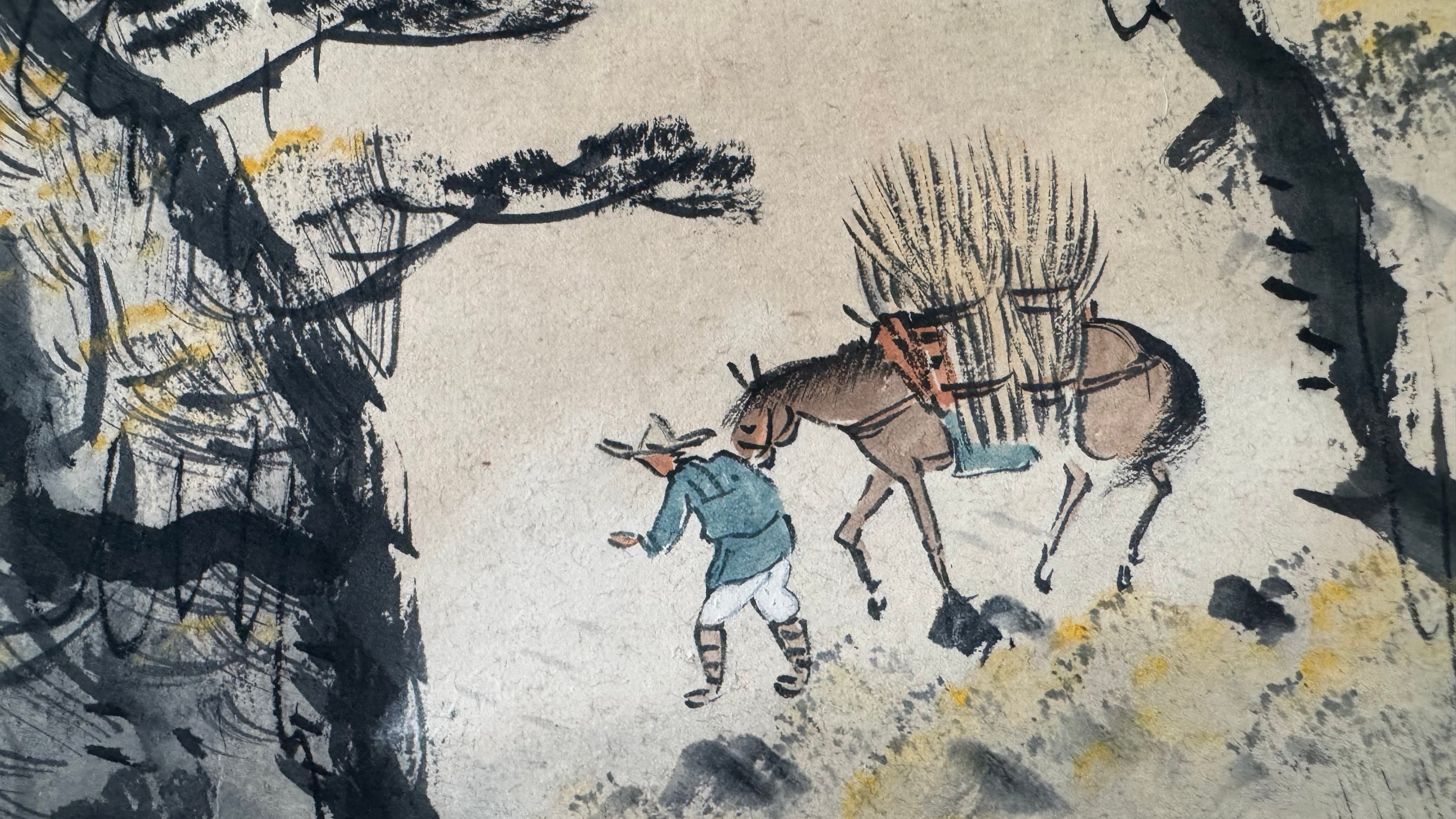 Vintage Japanese Kakemono Sumi-e Landscape Scroll with Figure & Horse – Hand Painted Ink on Paper, Porcelain Roller