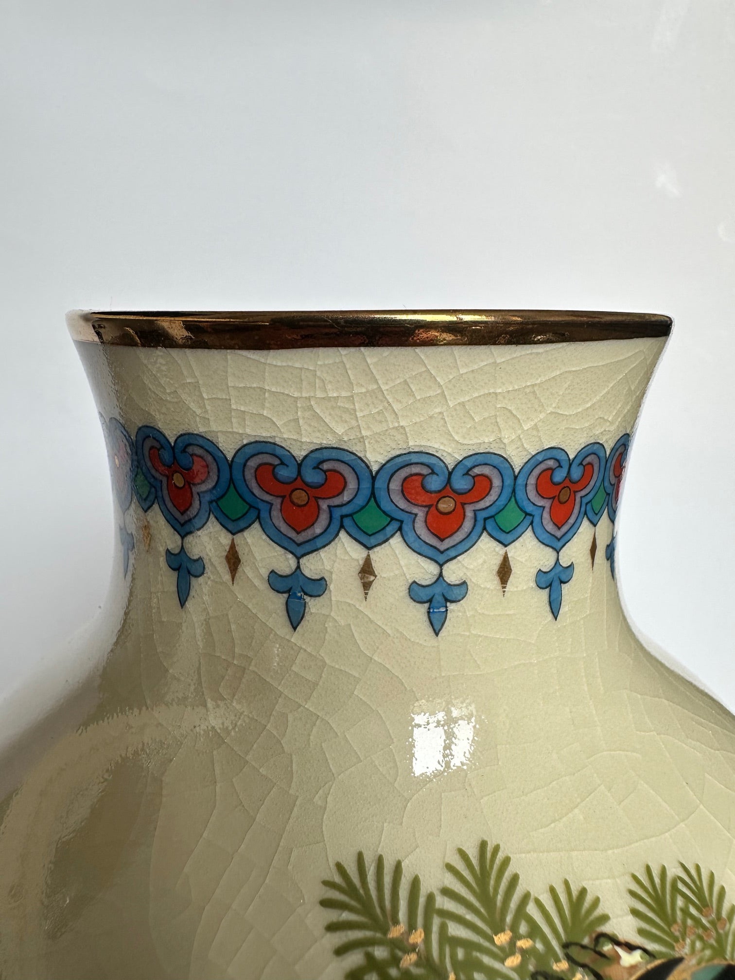 Japanese Satsuma Vase with Eagle & Pine Tree | Hand-Painted Crackle Glaze Art | Vintage Japanese Pottery