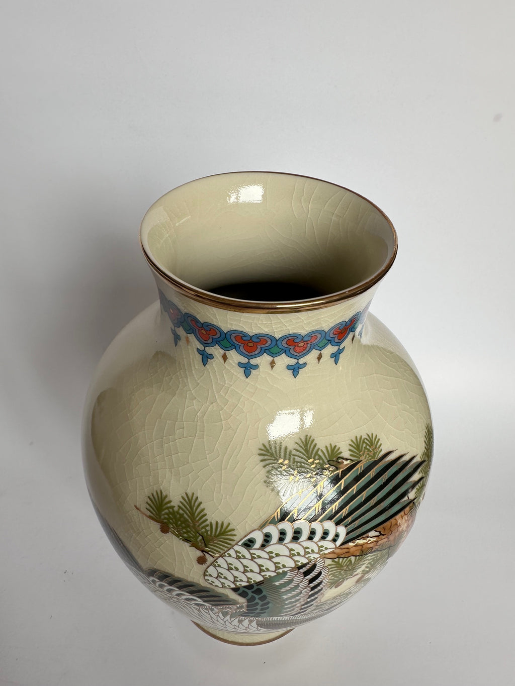 Japanese Satsuma Vase with Eagle & Pine Tree | Hand-Painted Crackle Glaze Art | Vintage Japanese Pottery