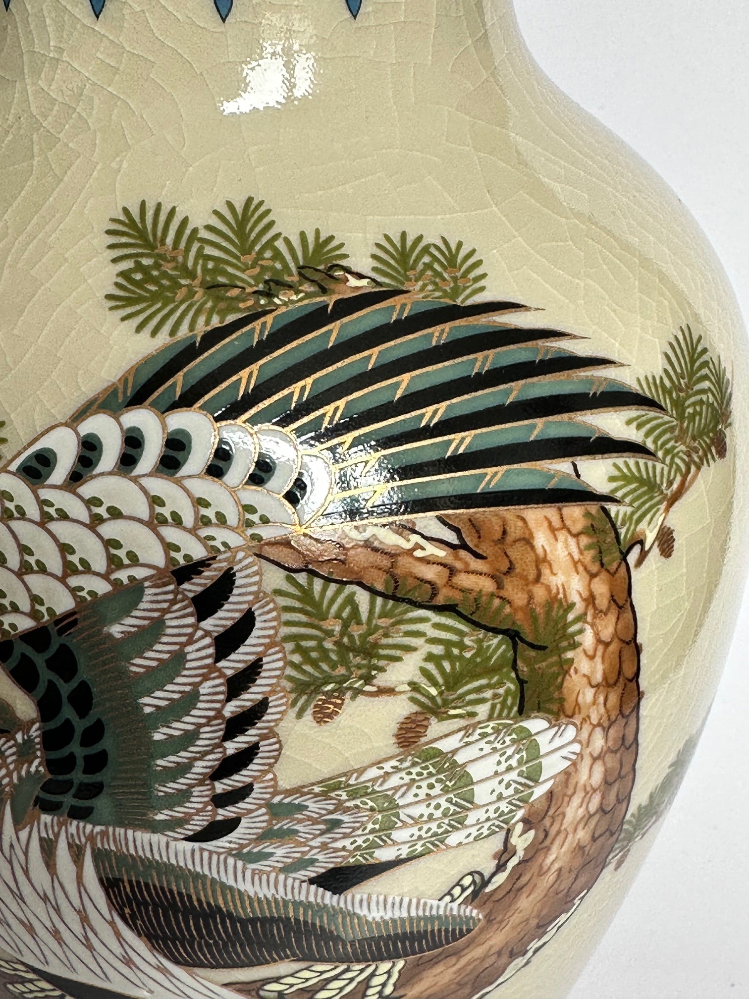 Japanese Satsuma Vase with Eagle & Pine Tree | Hand-Painted Crackle Glaze Art | Vintage Japanese Pottery