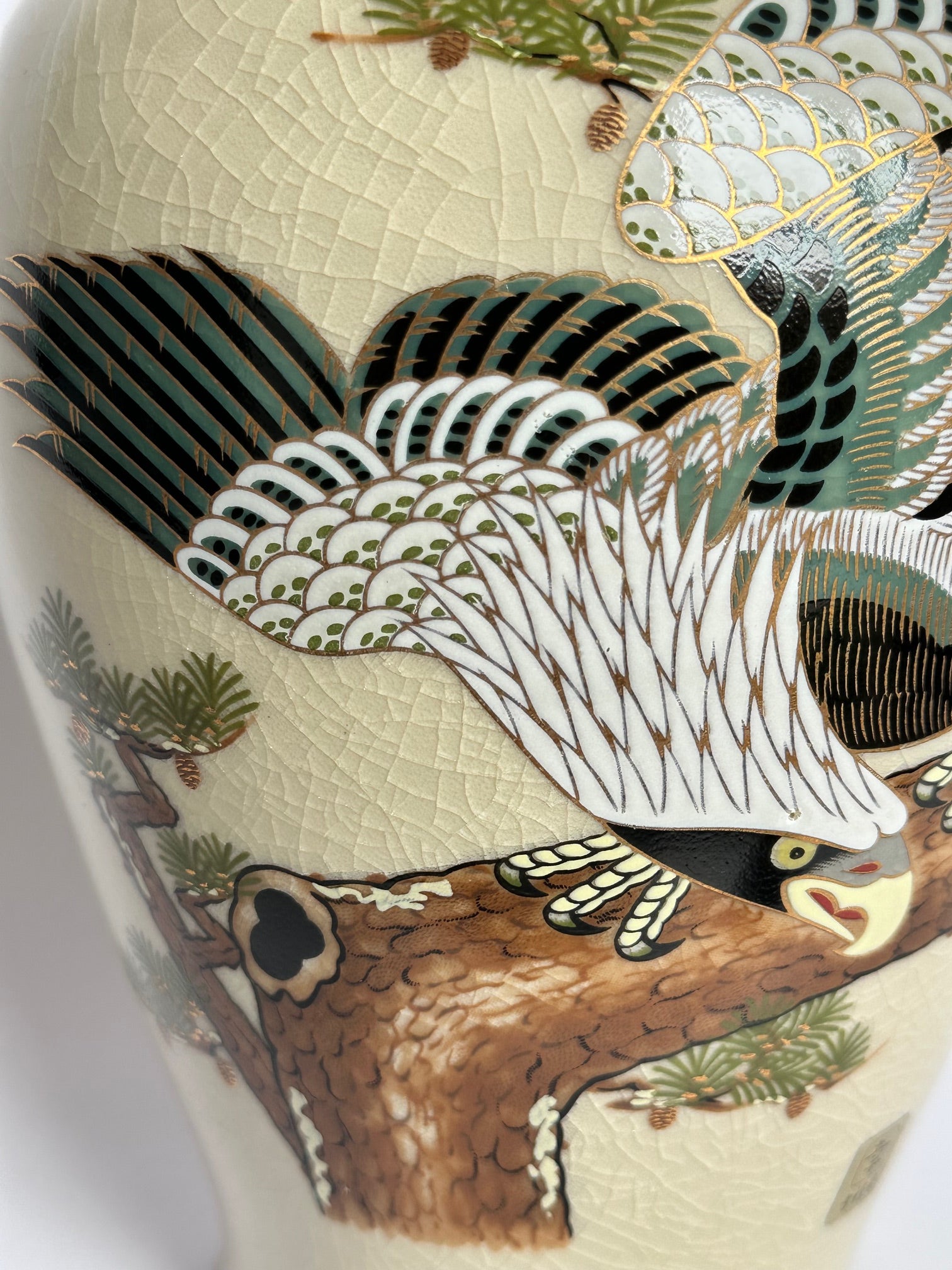 Japanese Satsuma Vase with Eagle & Pine Tree | Hand-Painted Crackle Glaze Art | Vintage Japanese Pottery