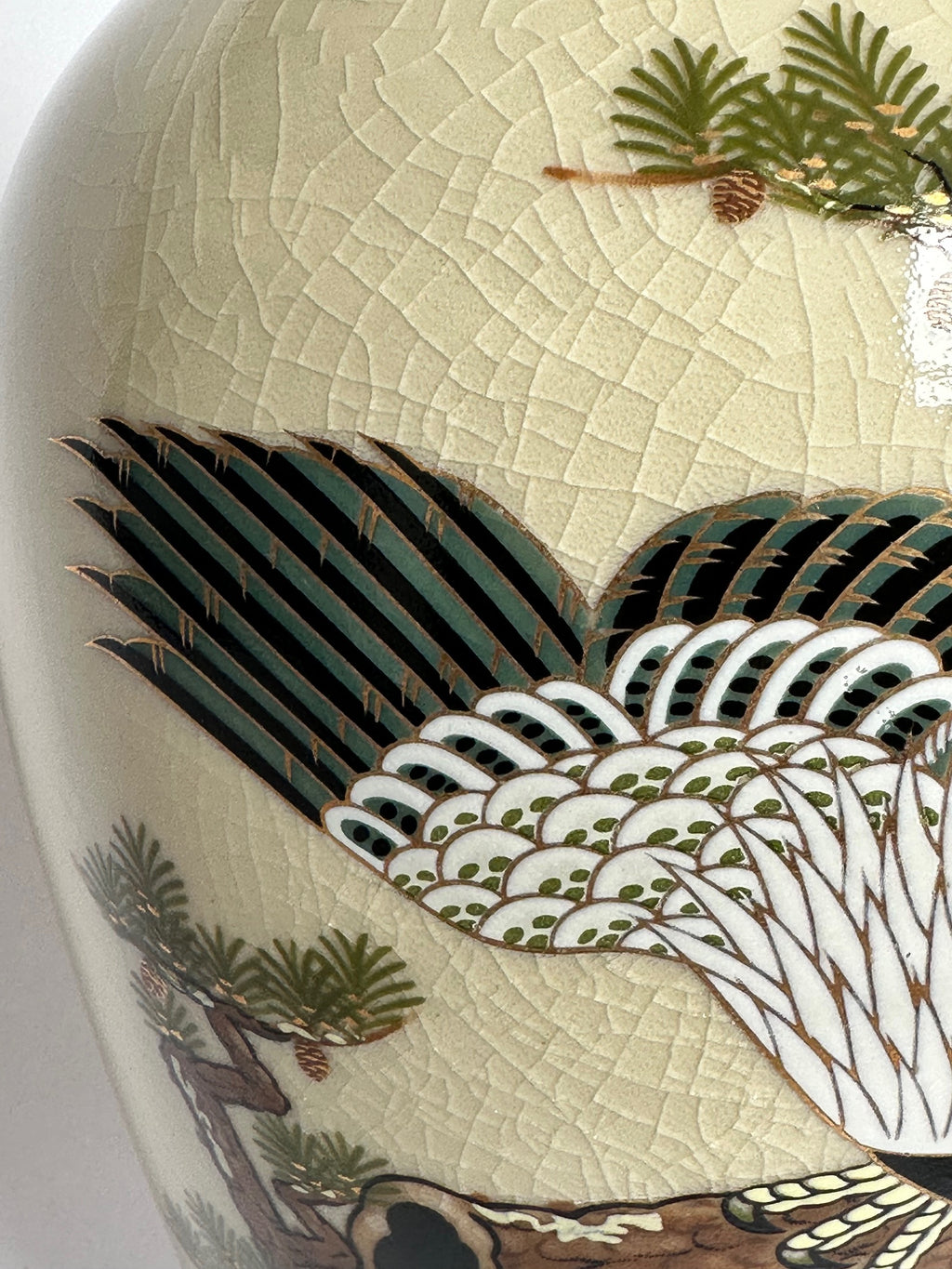 Japanese Satsuma Vase with Eagle & Pine Tree | Hand-Painted Crackle Glaze Art | Vintage Japanese Pottery