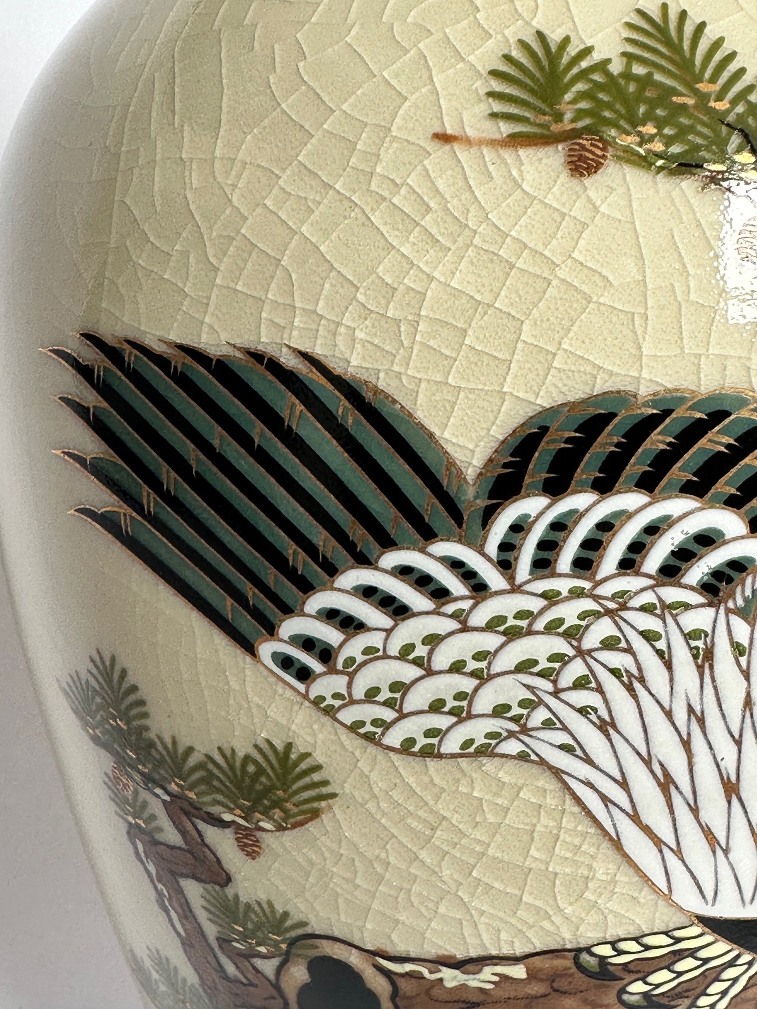 Japanese Satsuma Vase with Eagle & Pine Tree | Hand-Painted Crackle Glaze Art | Vintage Japanese Pottery