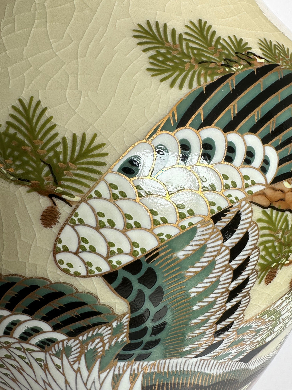 Japanese Satsuma Vase with Eagle & Pine Tree | Hand-Painted Crackle Glaze Art | Vintage Japanese Pottery